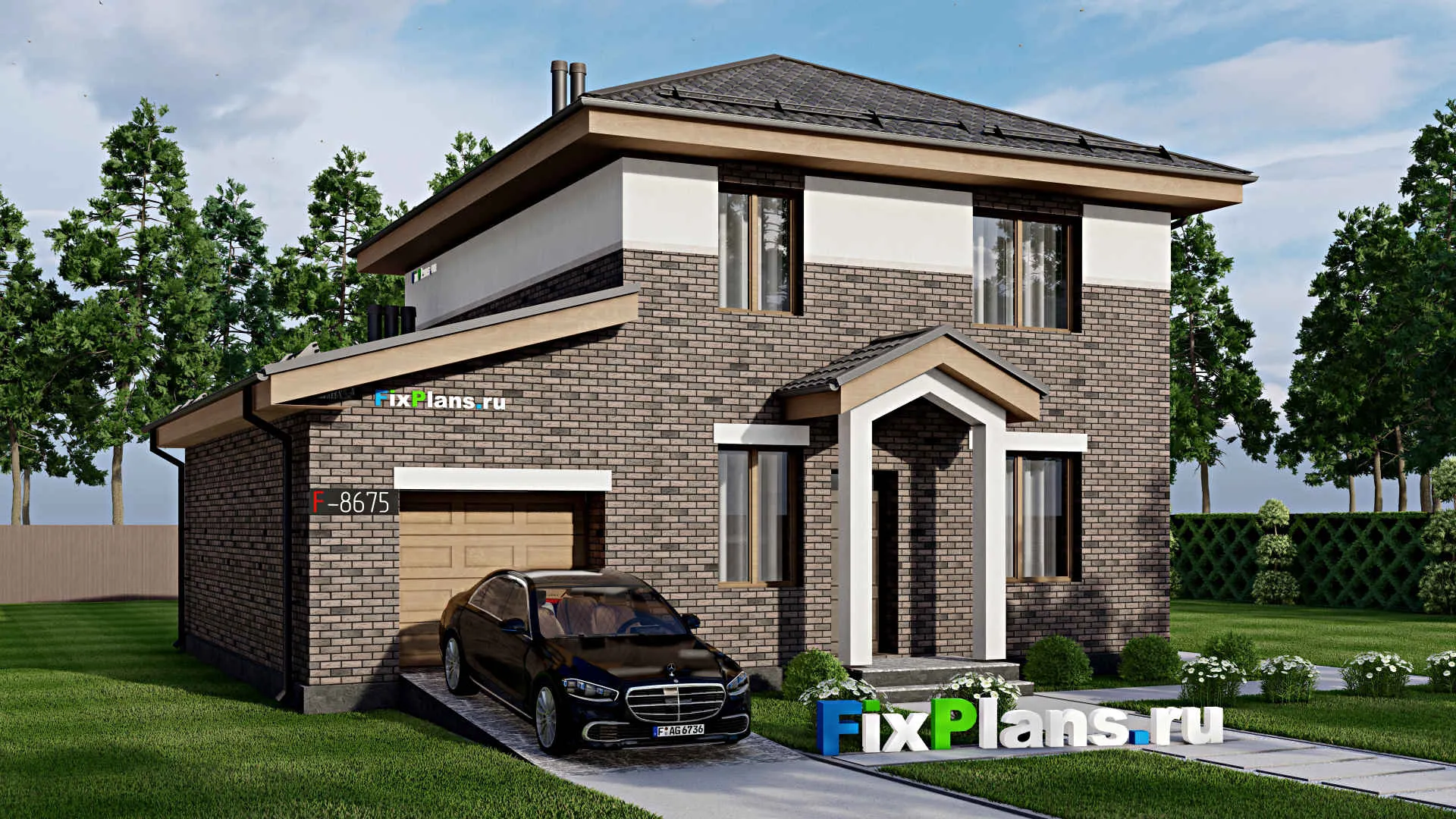 F-8675 - Проект двухэтажного дома 9 на 11, площадью 170 м² с террасой, гаражом на 1 машину и 3 спальнями