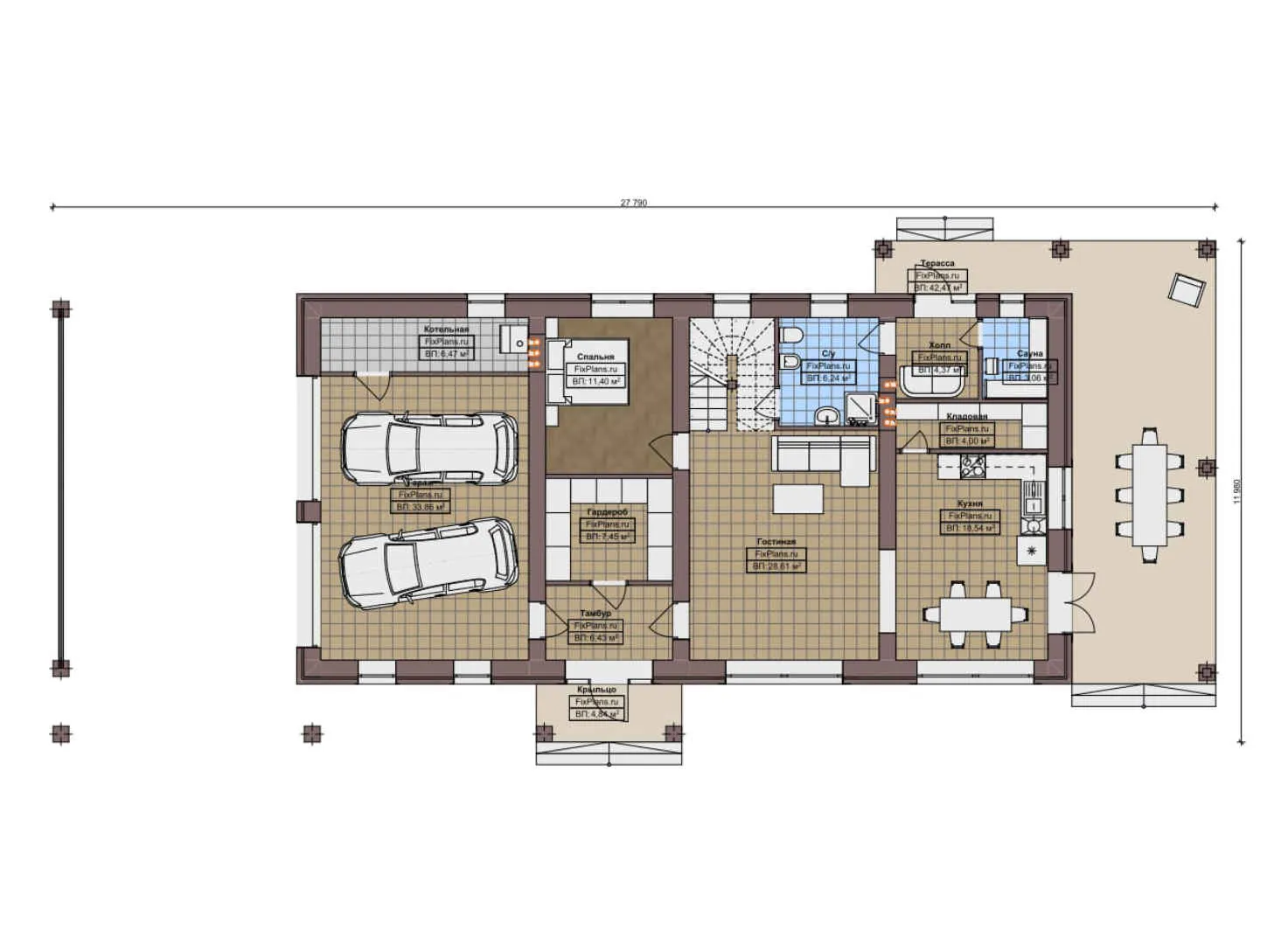 F-10079 - Планы двухэтажного дома 12 на 28, площадью 270 м² с террасой, баней, гаражом на 1 машину и 5 спальнями