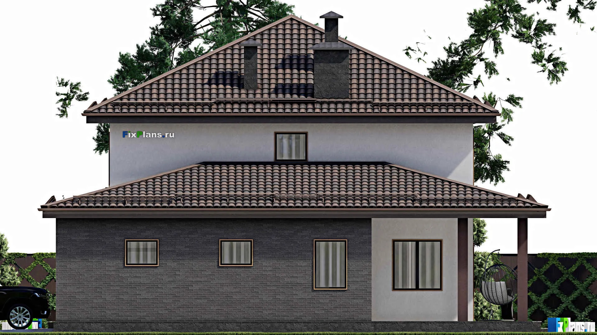 F-8063 - Проект двухэтажного дома 13 на 16, площадью 250 м² с террасой, гаражом на 1 машину и 4 спальнями