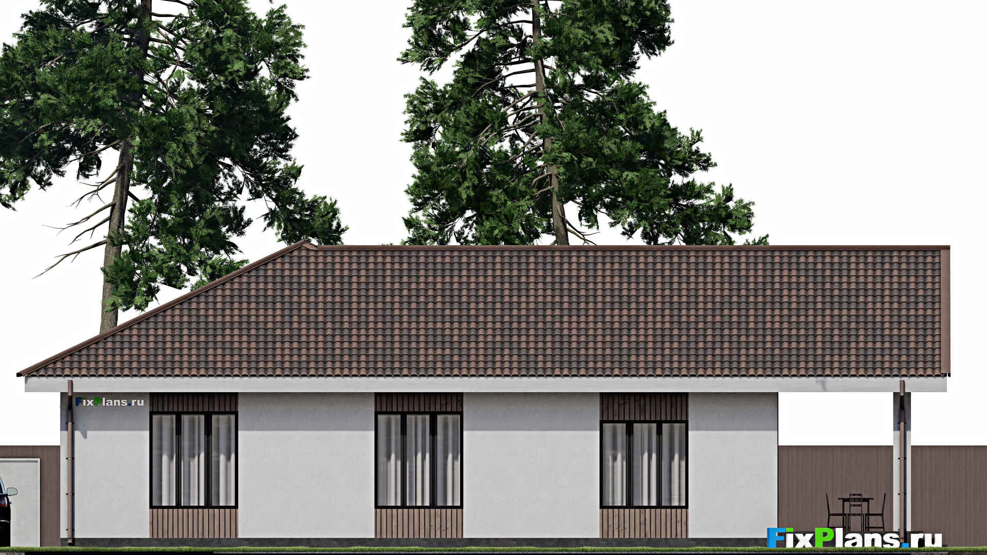 F-1682 - Проект одноэтажного дома 12 на 17, площадью 190 м² с террасой и 3 спальнями