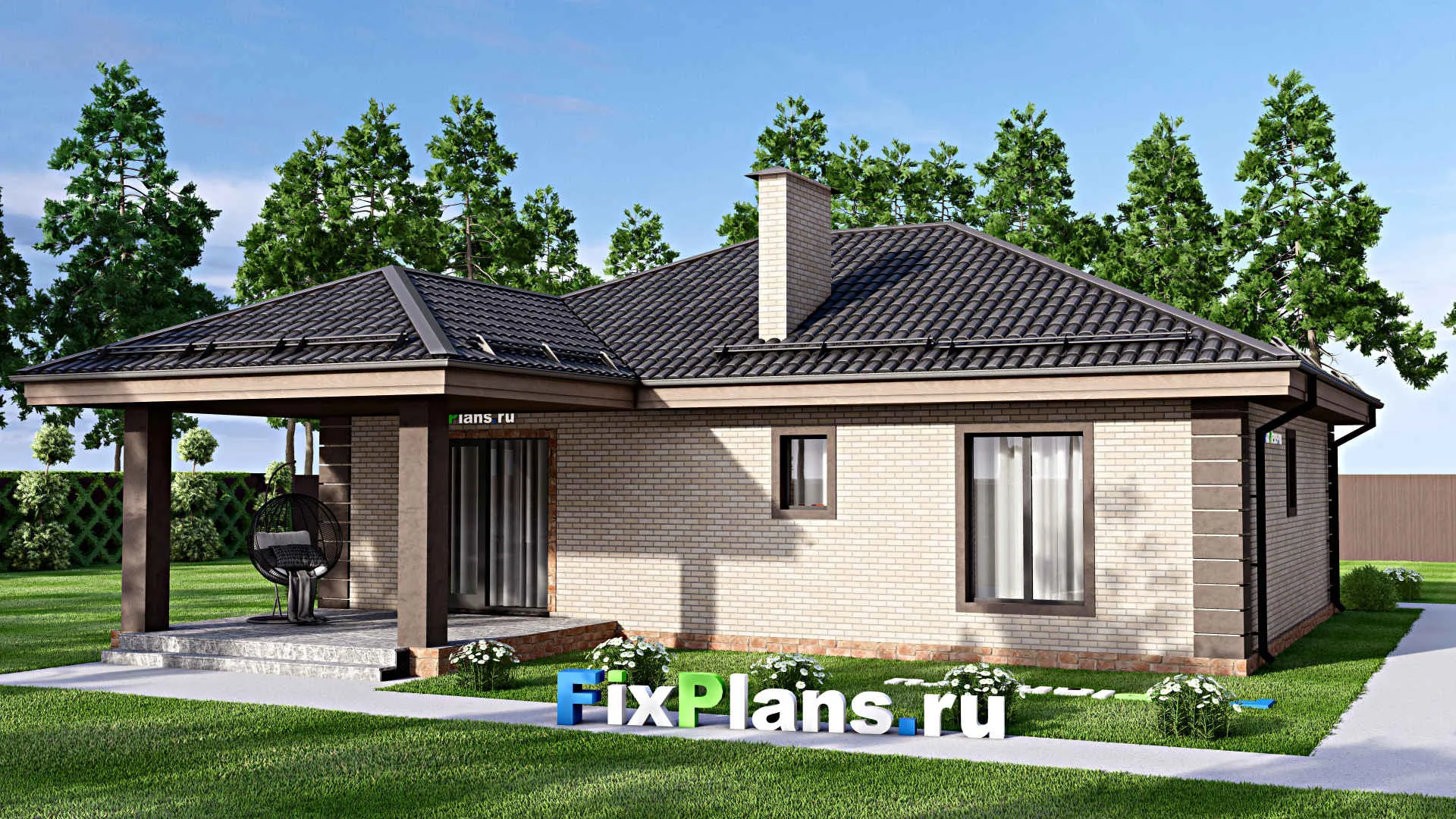 F-13994 - Проект одноэтажного дома 14 на 16, площадью 130 м² с террасой и 3 спальнями