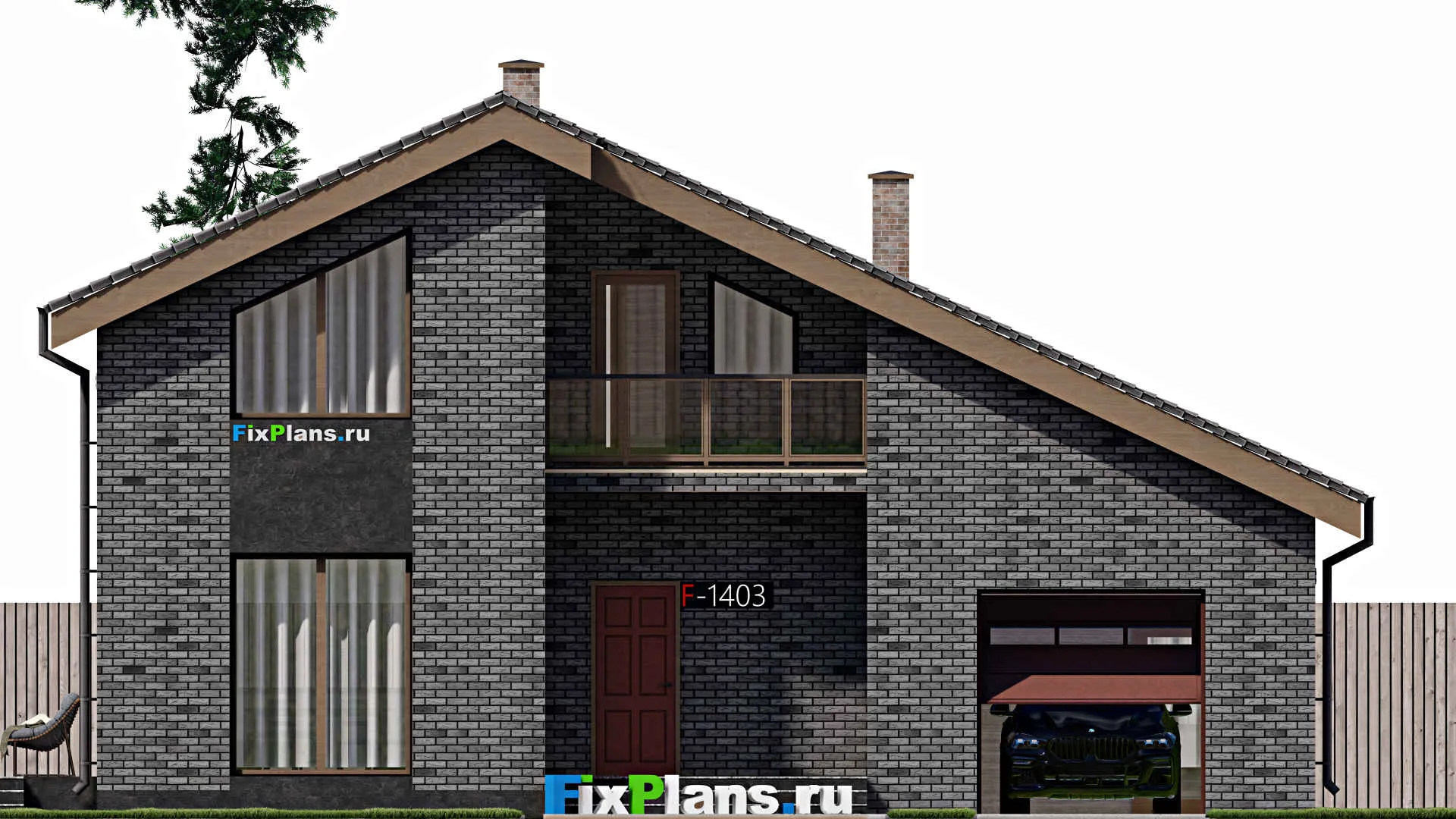 F-1403 - Проект дома с мансардой 12 на 14, площадью 190 м² с террасой, балконом, гаражом на 1 машину и 4 спальнями