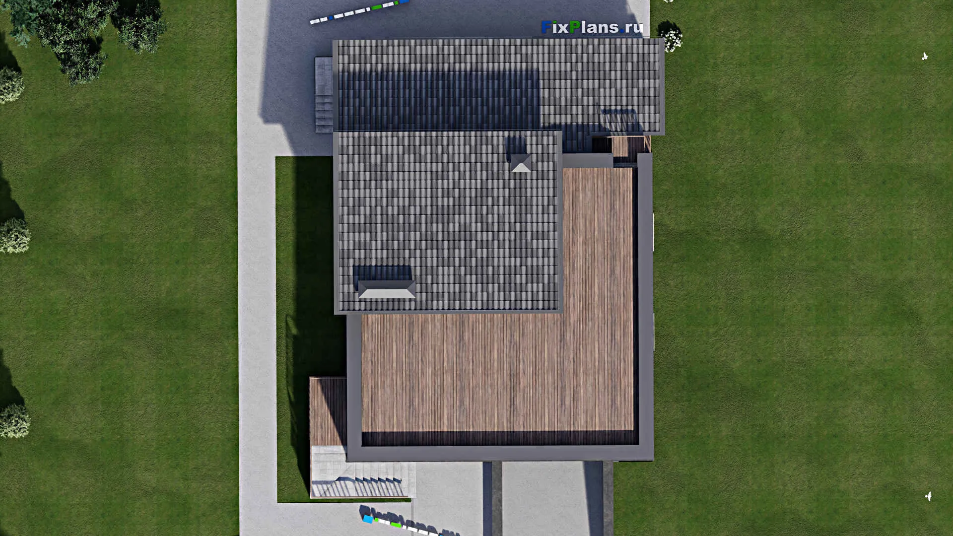 F-9593 - Проект одноэтажного дома 14 на 18, площадью 280 м² с цокольным этажом, гаражом на 2 машины и 3 спальнями