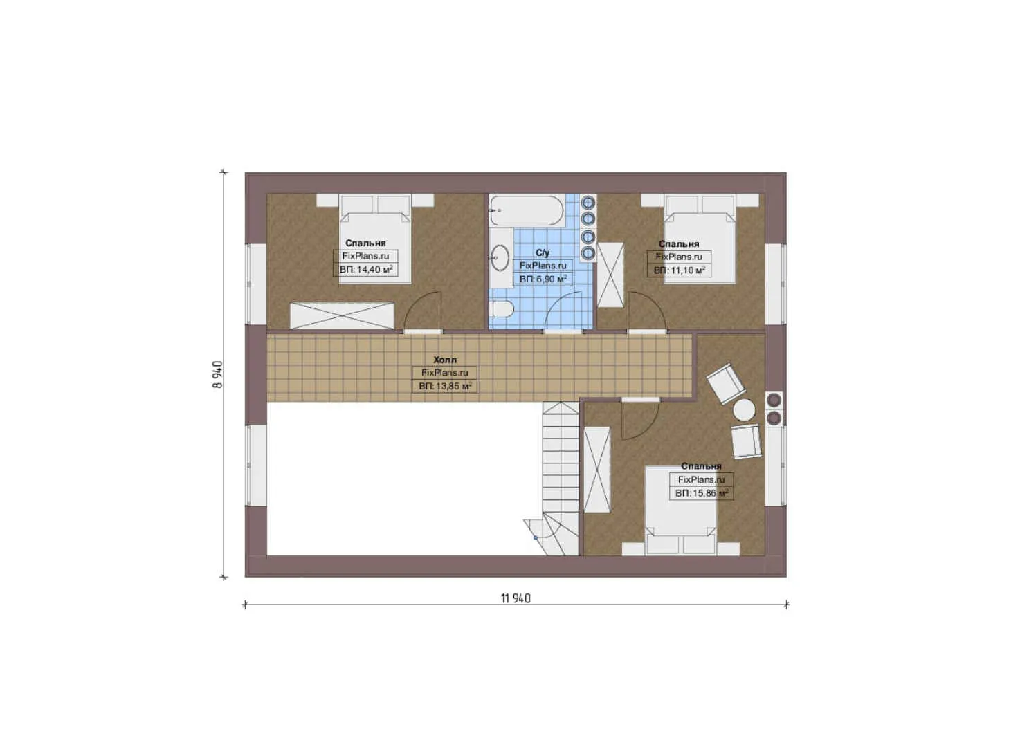 F-16172 - Планы дома с мансардой 11 на 19, площадью 220 м² с террасой и 3 спальнями