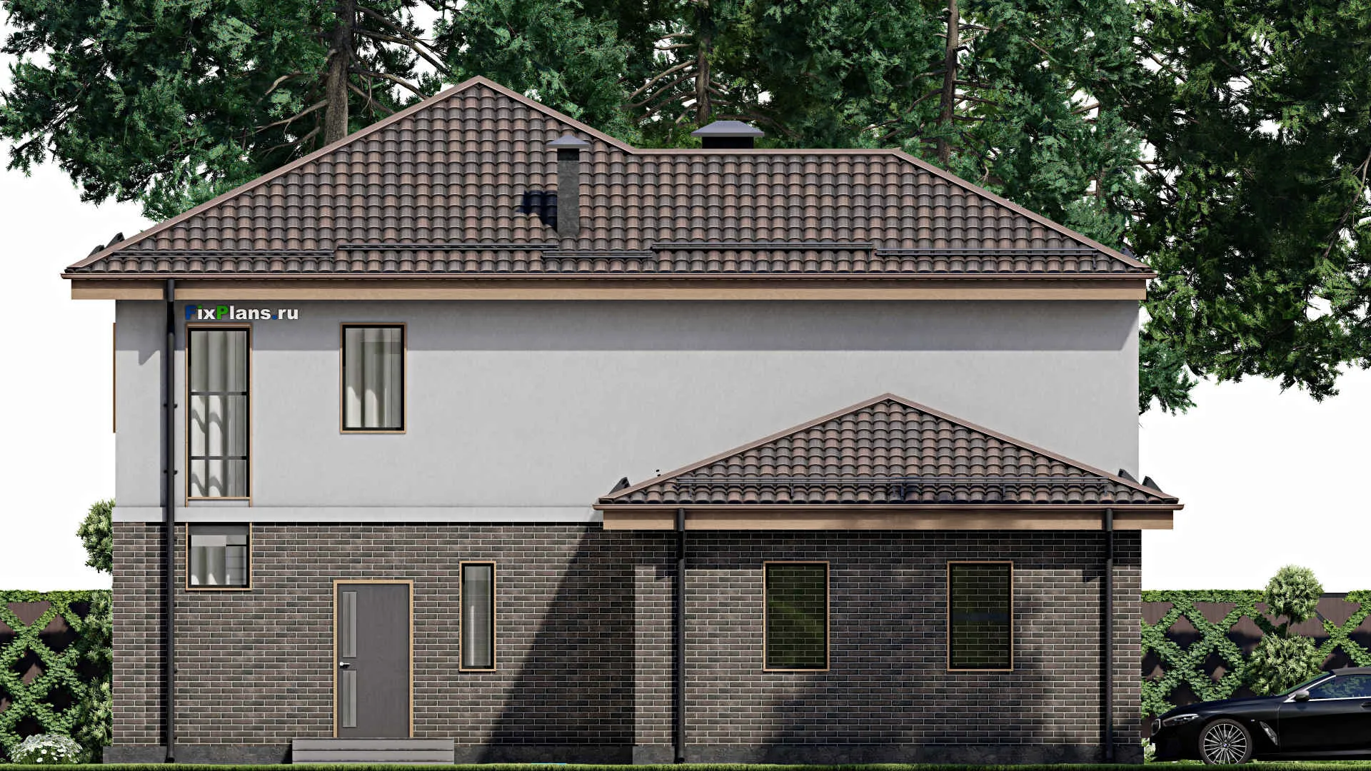 F-7568 - Проект двухэтажного дома 14 на 16, площадью 230 м² с балконом, гаражом на 1 машину и 3 спальнями