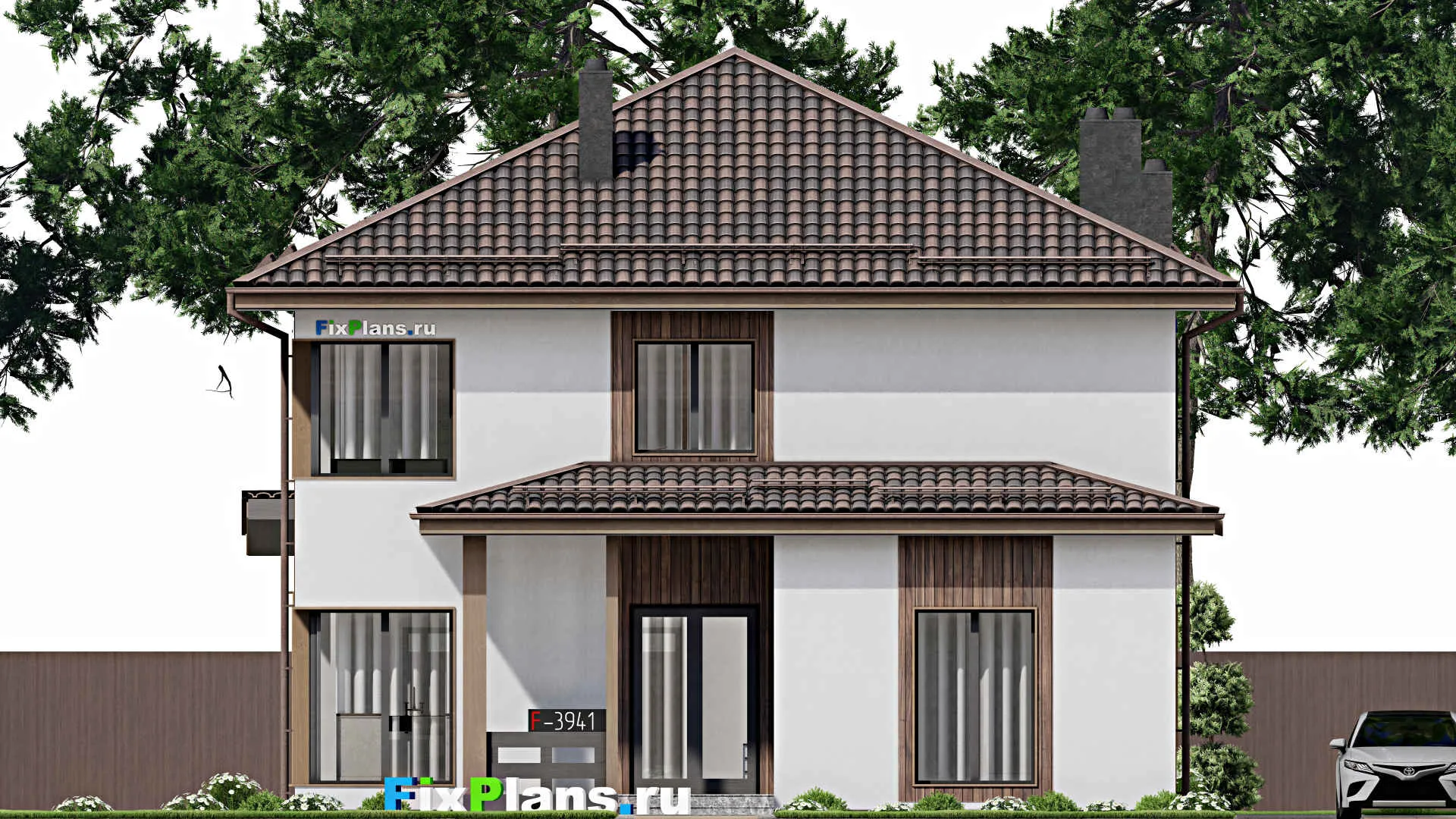 F-3941 - Проект двухэтажного дома 12 на 17, площадью 230 м² с террасой, баней и 4 спальнями