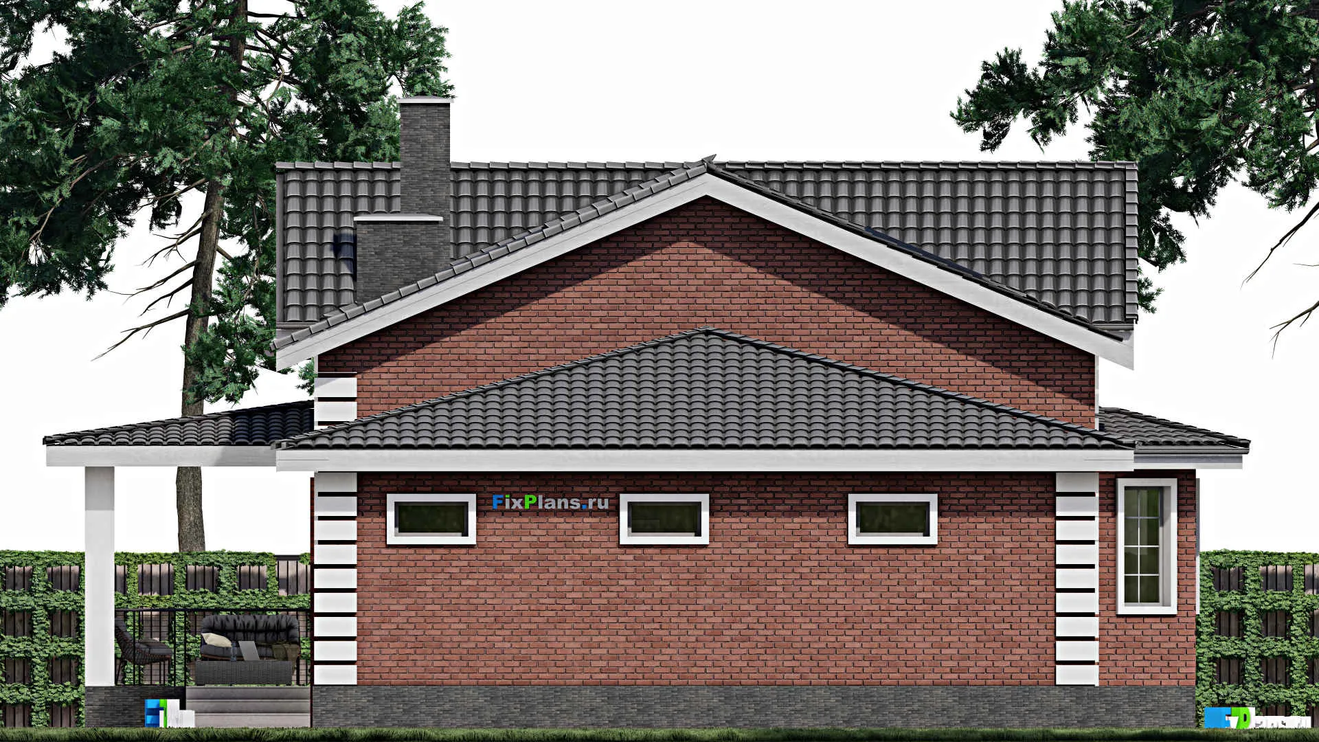 F-1034 - Проект дома с мансардой 12 на 17, площадью 240 м² с террасой, гаражом на 2 машины и 3 спальнями