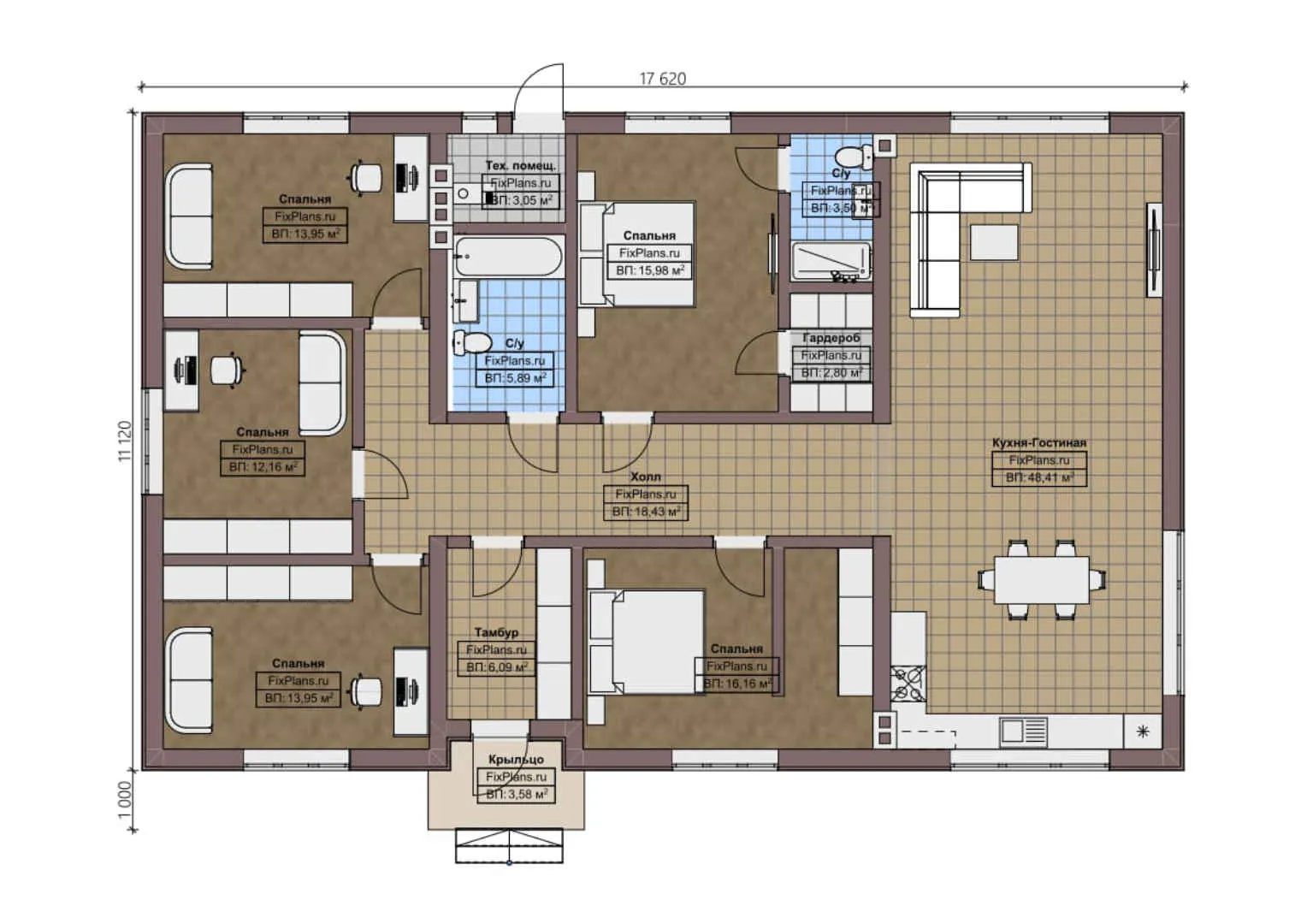 F-1259 - План одноэтажного дома 12 на 18, площадью 170 м² с 5 спальнями