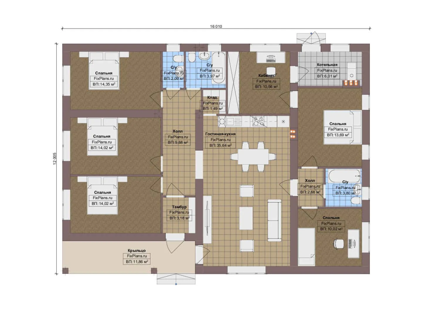 F-13337 - План одноэтажного дома 13 на 17, площадью 160 м² с 5 спальнями
