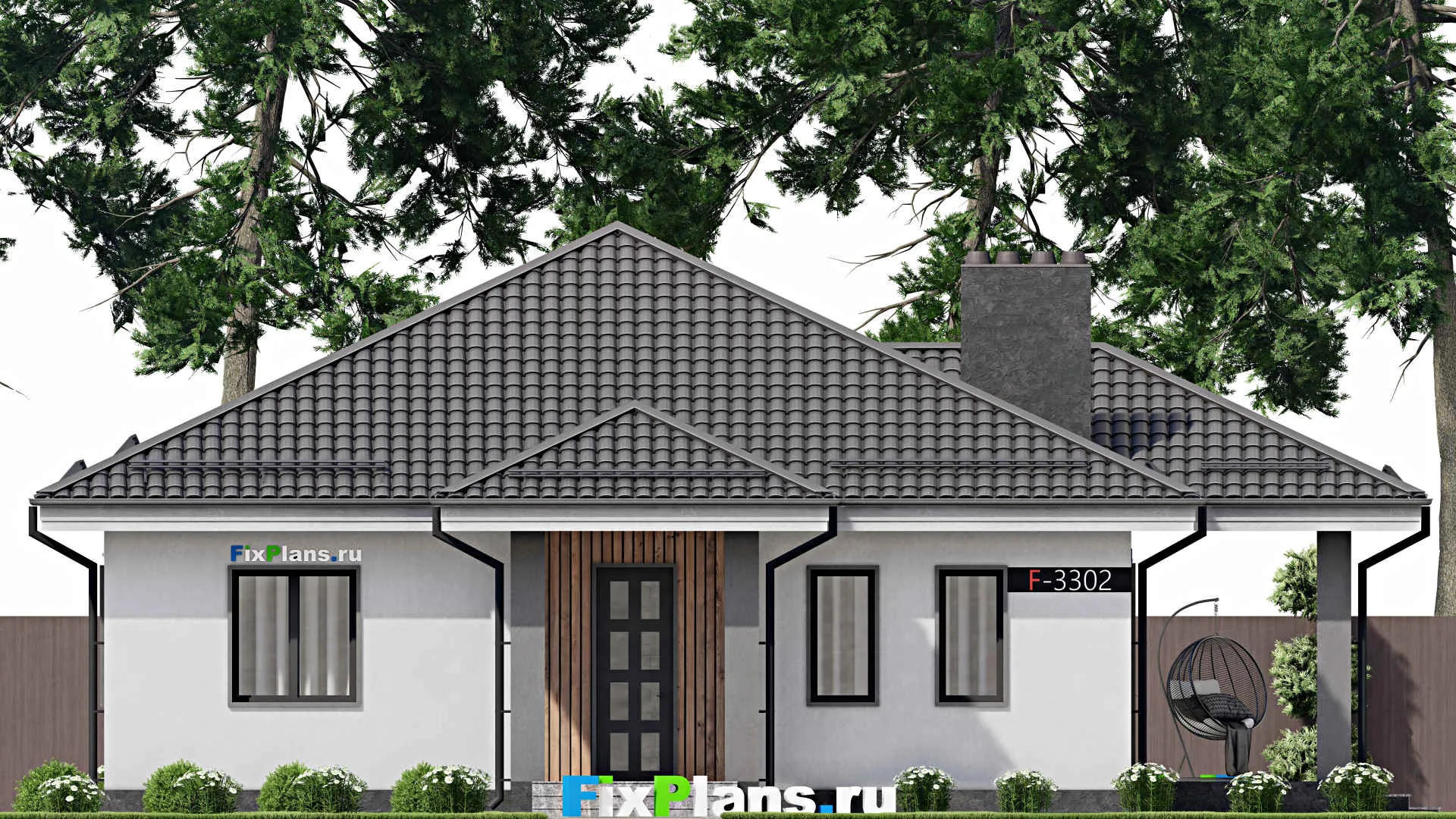 F-3302 - Проект одноэтажного дома 12 на 13, площадью 150 м² с террасой и 4 спальнями