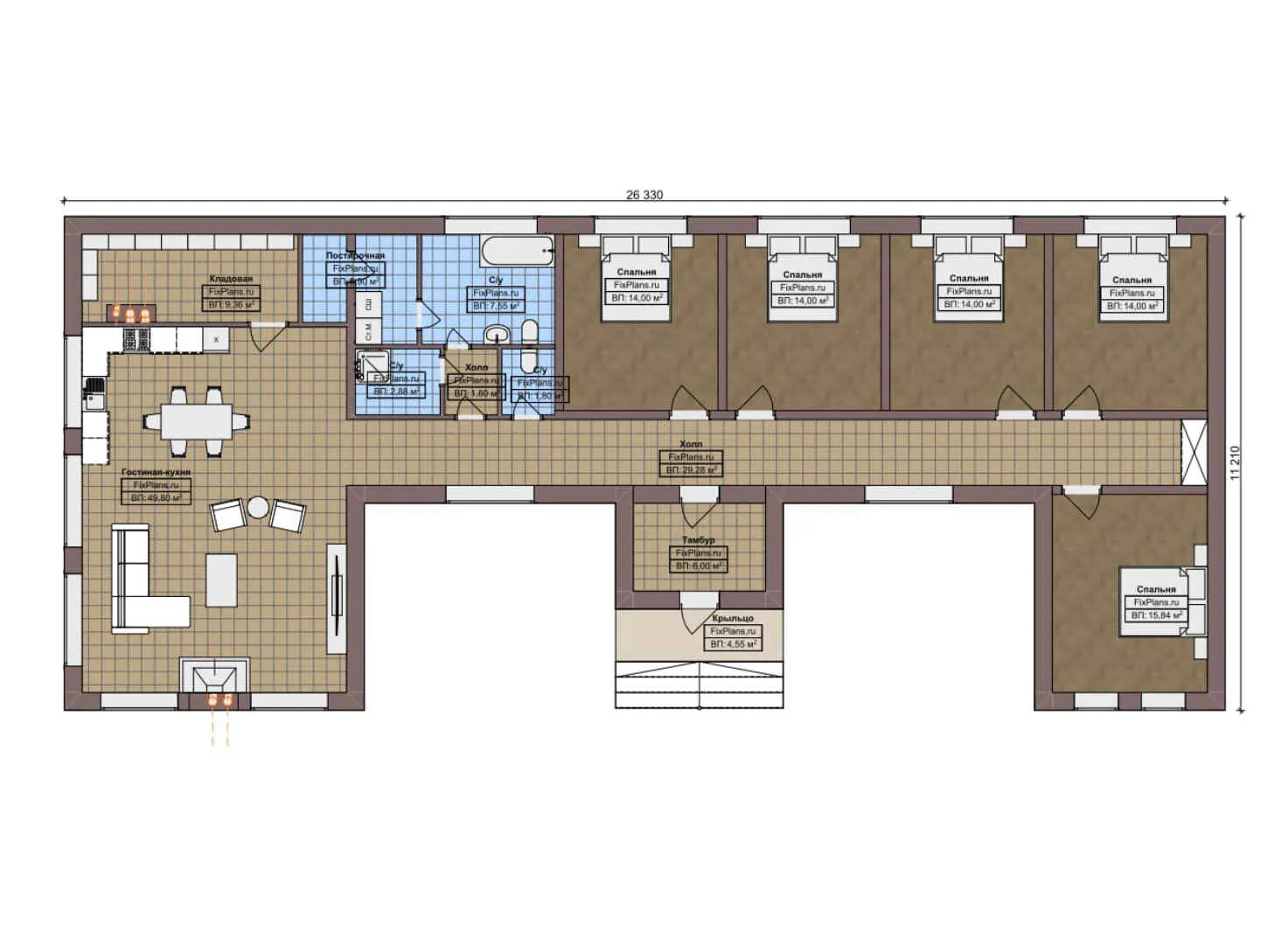 F-3986 - План одноэтажного дома 13 на 27, площадью 200 м² с 5 спальнями