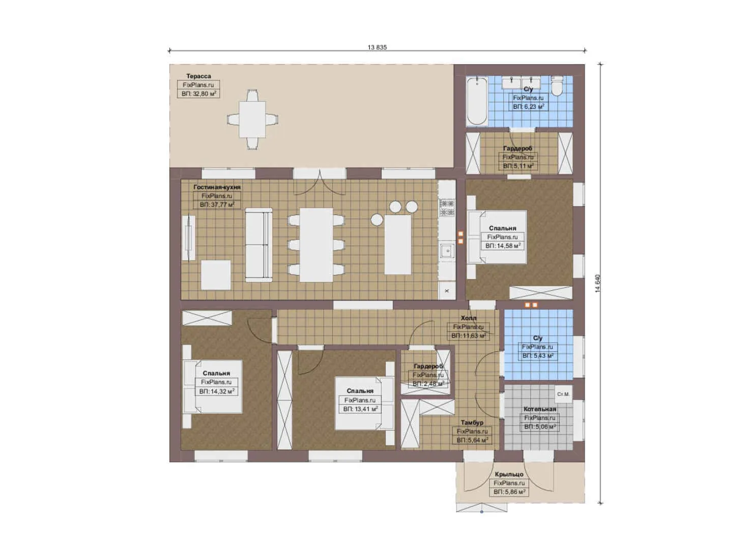 F-14048 - План одноэтажного дома 14 на 15, площадью 160 м² с террасой и 3 спальнями