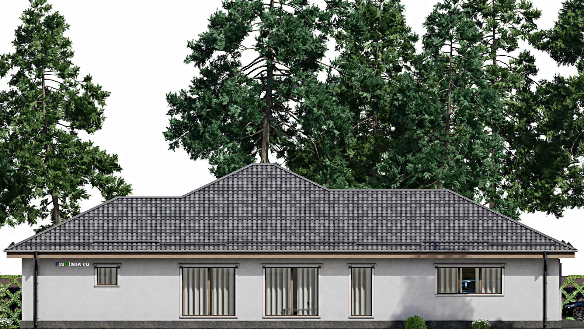 F-10295 - Проект одноэтажного дома 16 на 25, площадью 290 м² с террасой, баней, гаражом на 2 машины и 3 спальнями