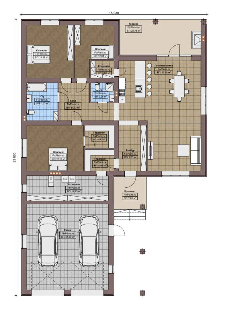F-5849 - План одноэтажного дома 16 на 24, площадью 250 м² с террасой, гаражом на 2 машины и 3 спальнями