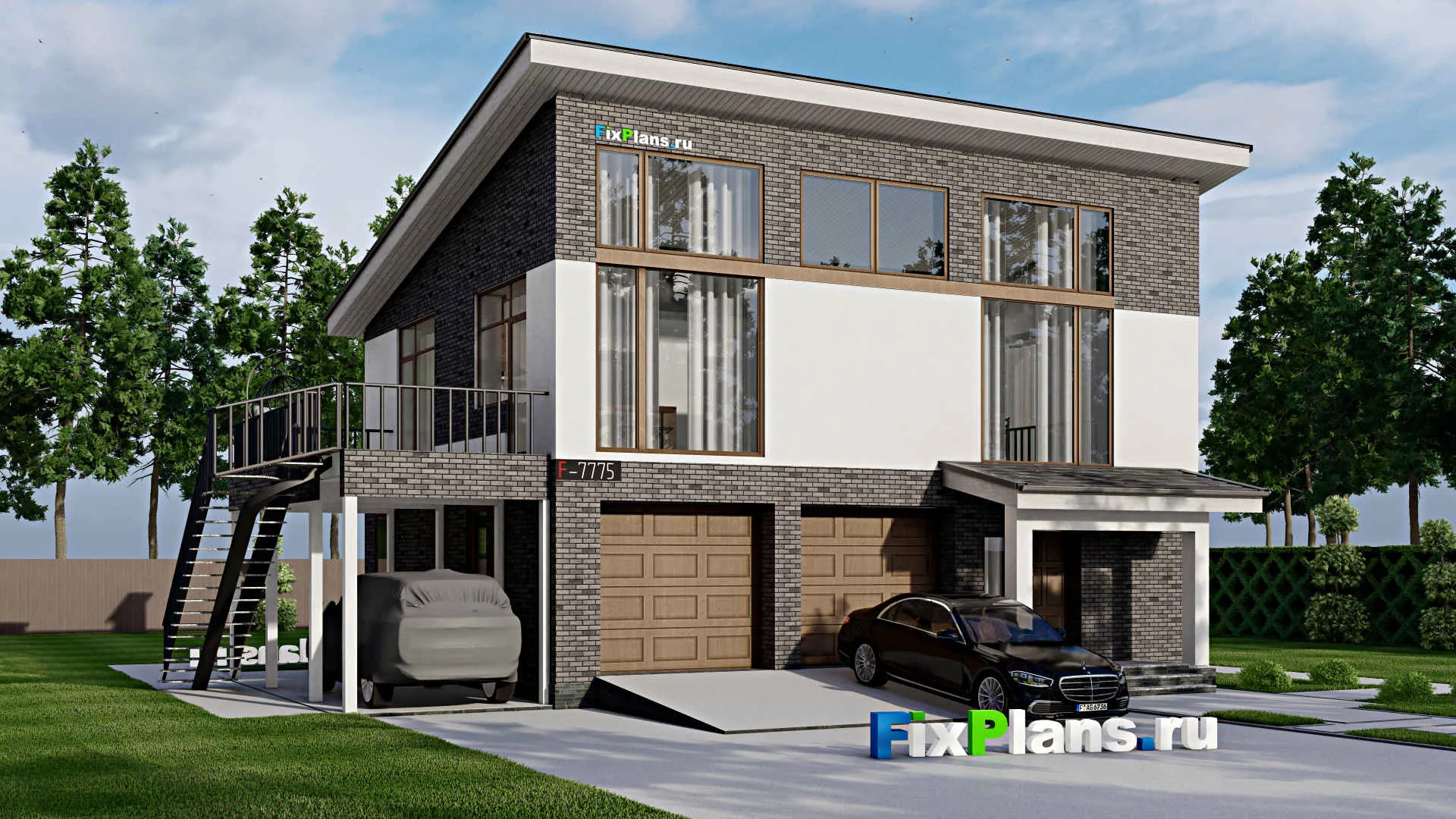 F-7775 - Проект двухэтажного дома 12 на 15, площадью 220 м² с террасой, гаражом на 2 машины и 3 спальнями