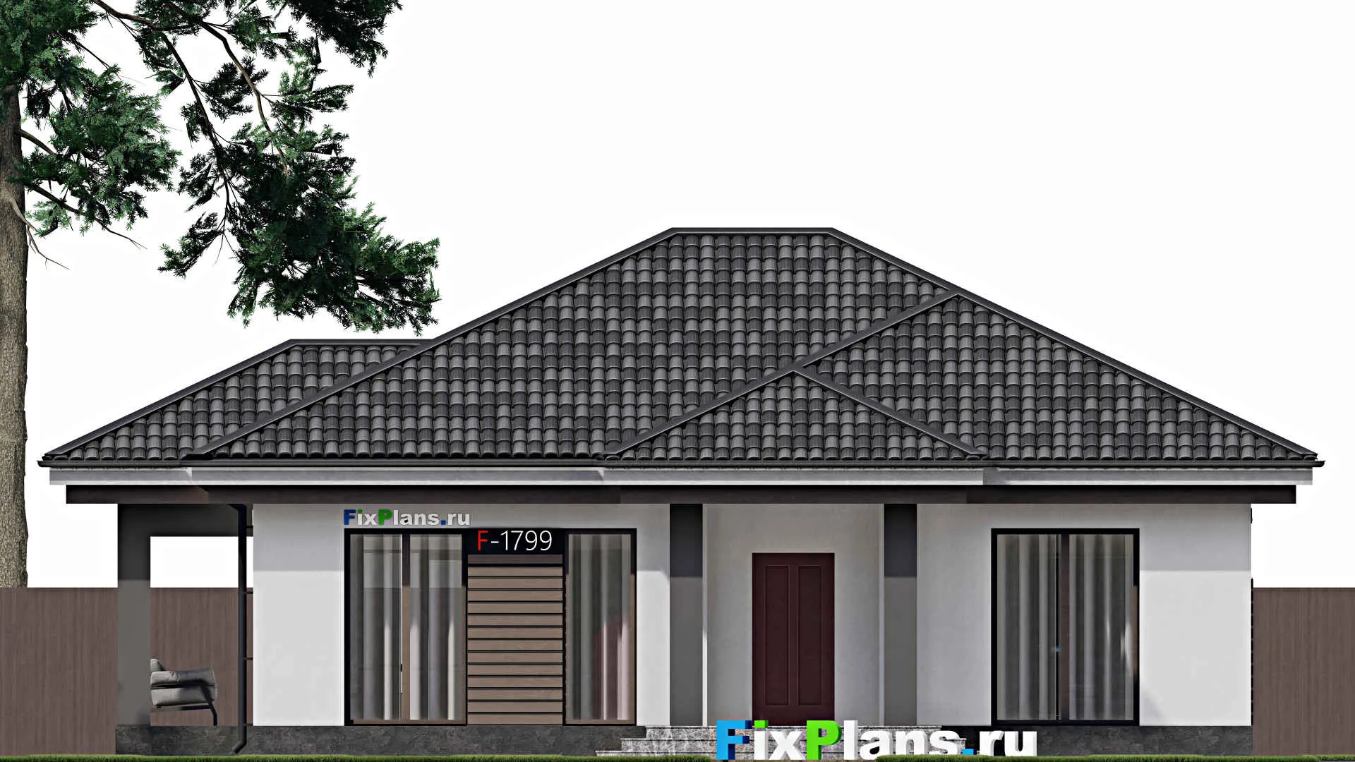 F-1799 - Проект одноэтажного дома 11 на 13, площадью 130 м² с террасой и 3 спальнями