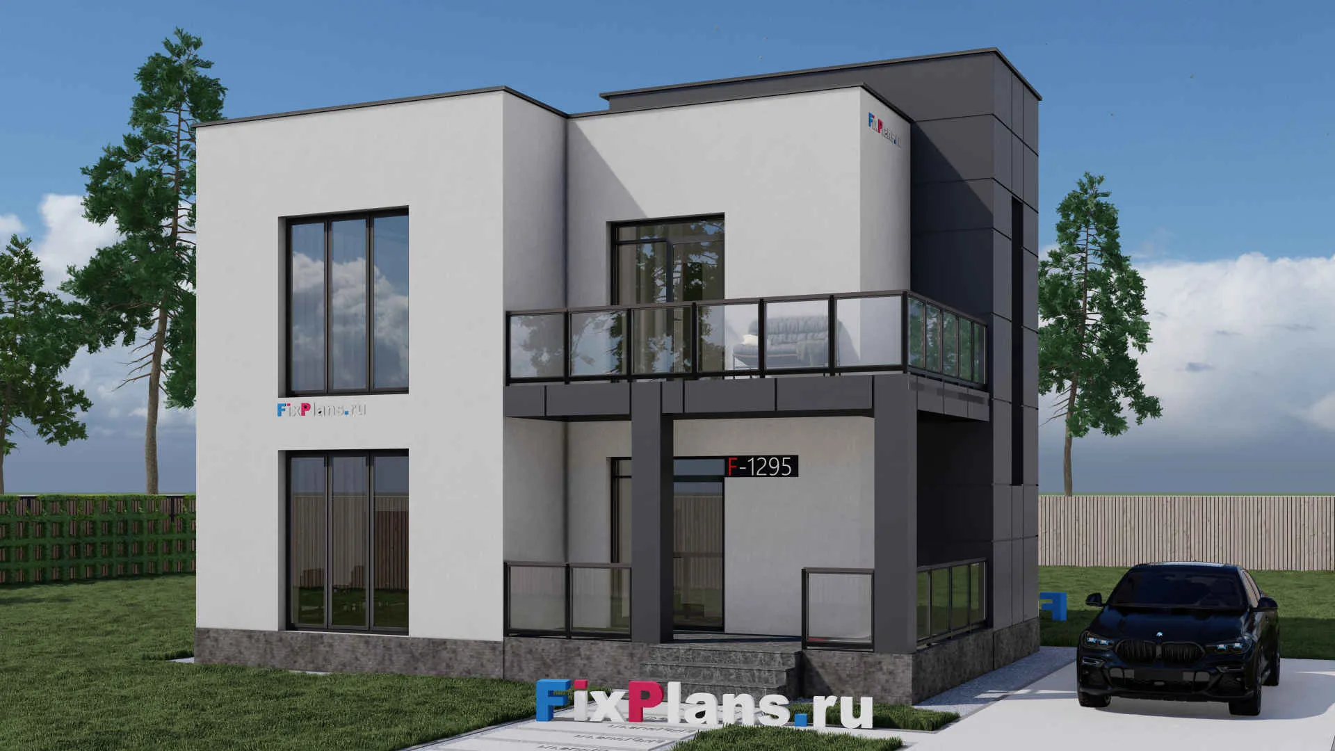 F-1295 - Проект двухэтажного дома 11 на 11, площадью 150 м² с террасой и 3 спальнями