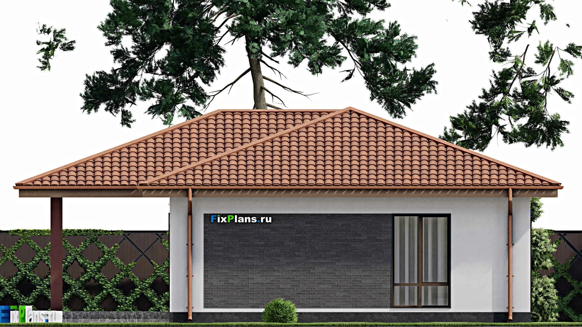 F-10646 - Проект одноэтажного дома 13 на 13, площадью 120 м² с террасой и 3 спальнями