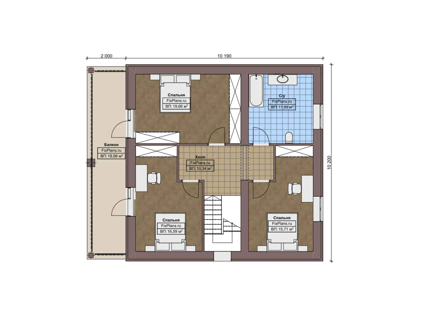 F-5975 - Планы дома с мансардой 11 на 11, площадью 210 м² с террасой, балконом и 3 спальнями
