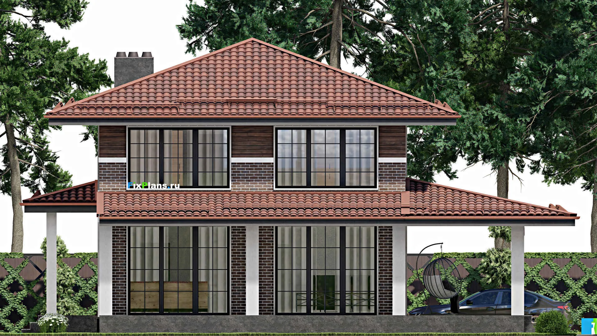 F-8549 - Проект двухэтажного дома 15 на 15, площадью 250 м² с террасой и 4 спальнями