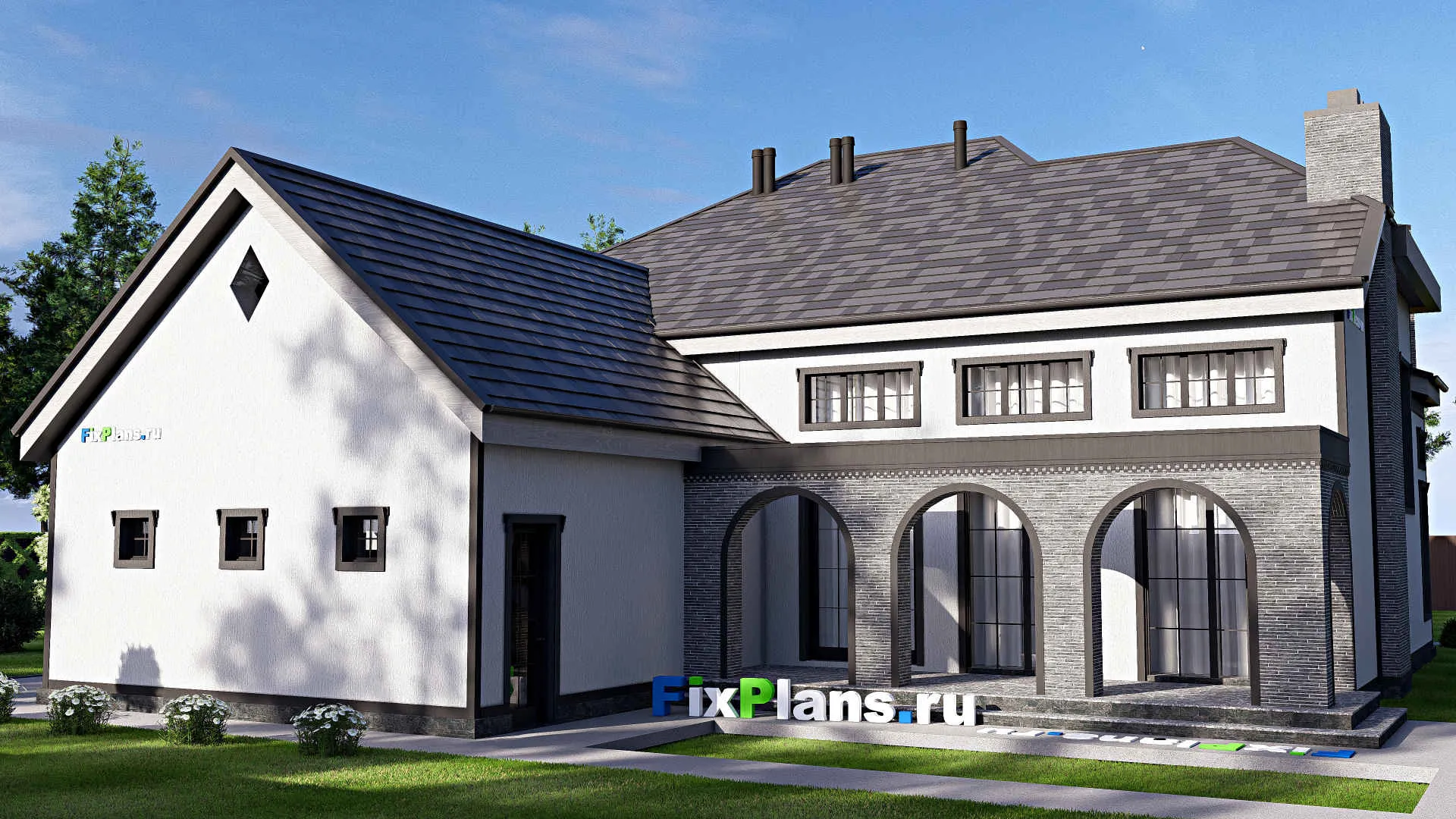 F-20573 - Проект двухэтажного дома 16 на 21, площадью 280 м² с террасой, балконом, гаражом на 2 машины и 4 спальнями