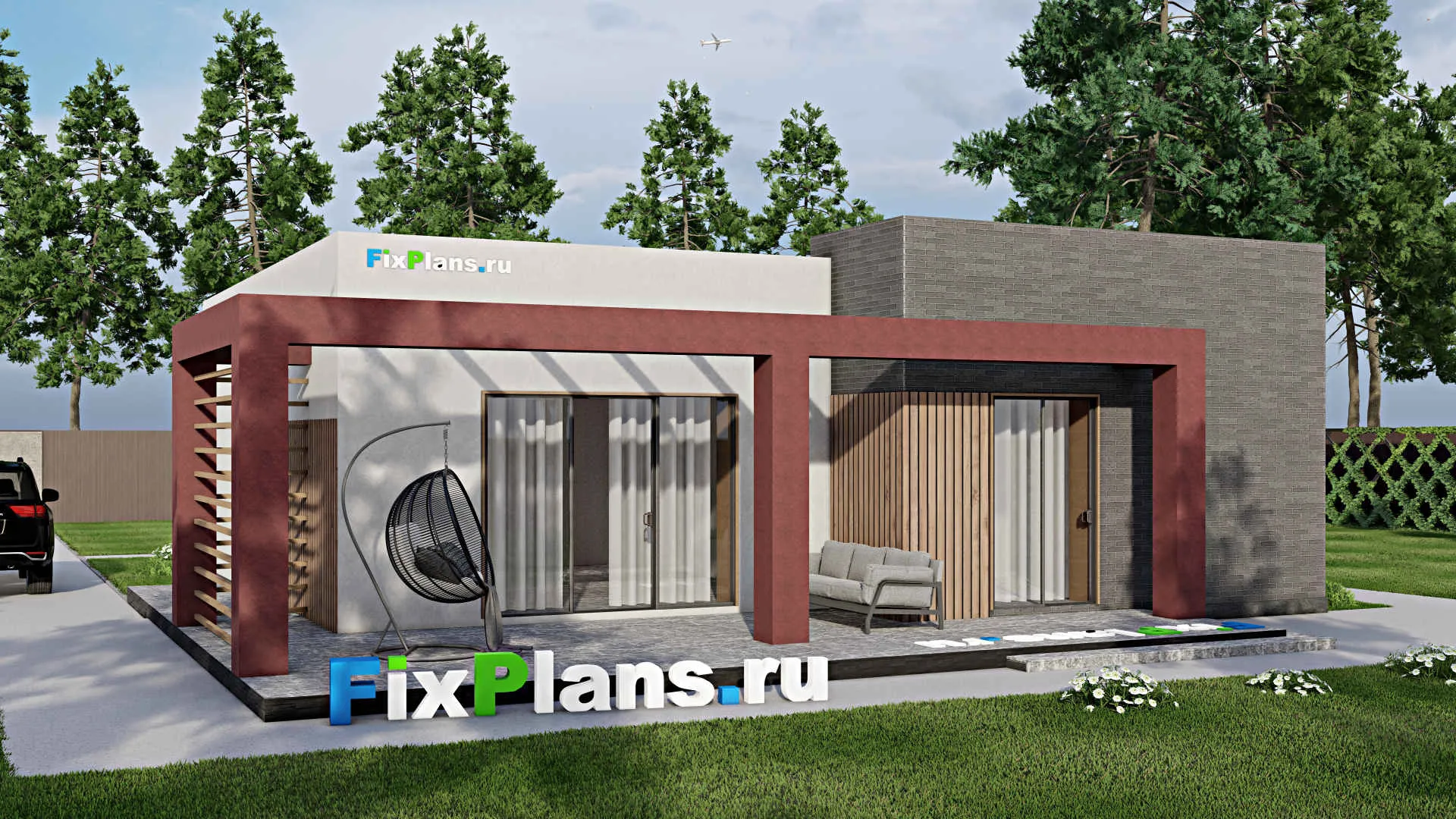F-7037 - Проект одноэтажного дома 14 на 15, площадью 150 м² с террасой и 2 спальнями