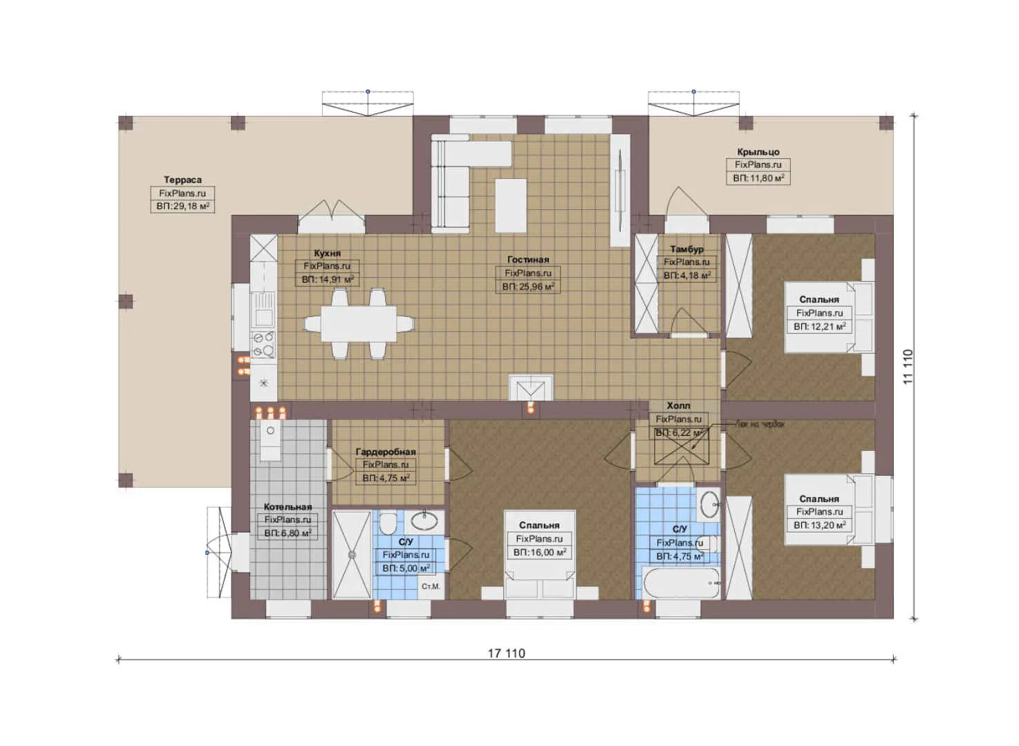 F-18854 - План одноэтажного дома 12 на 18, площадью 160 м² с террасой и 3 спальнями