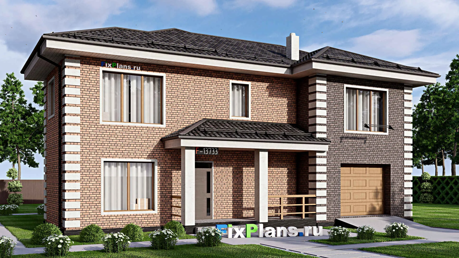 F-13733 - Проект двухэтажного дома 14 на 16, площадью 260 м² с террасой, гаражом на 1 машину и 4 спальнями