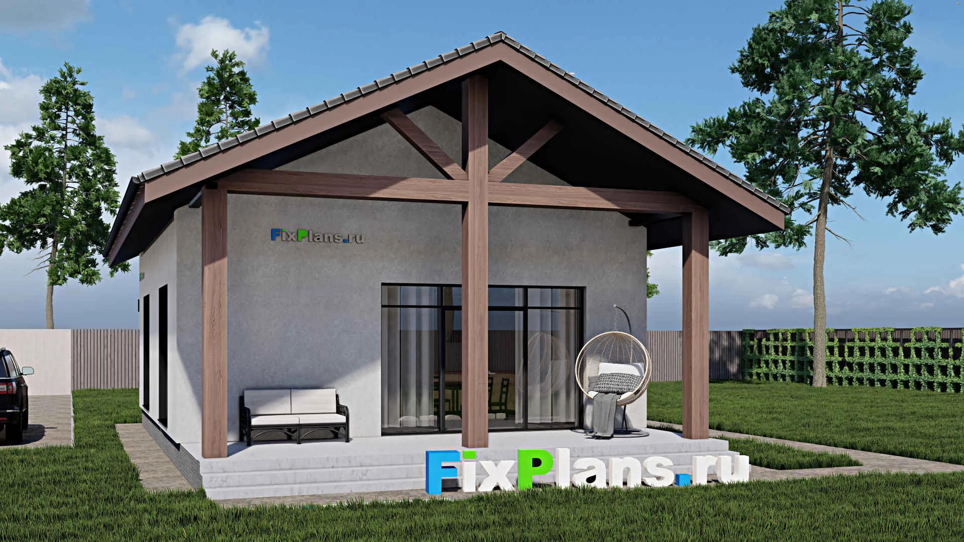 F-1016 - Проект одноэтажного дома 9 на 10, площадью 90 м² с террасой и 1 спальнями