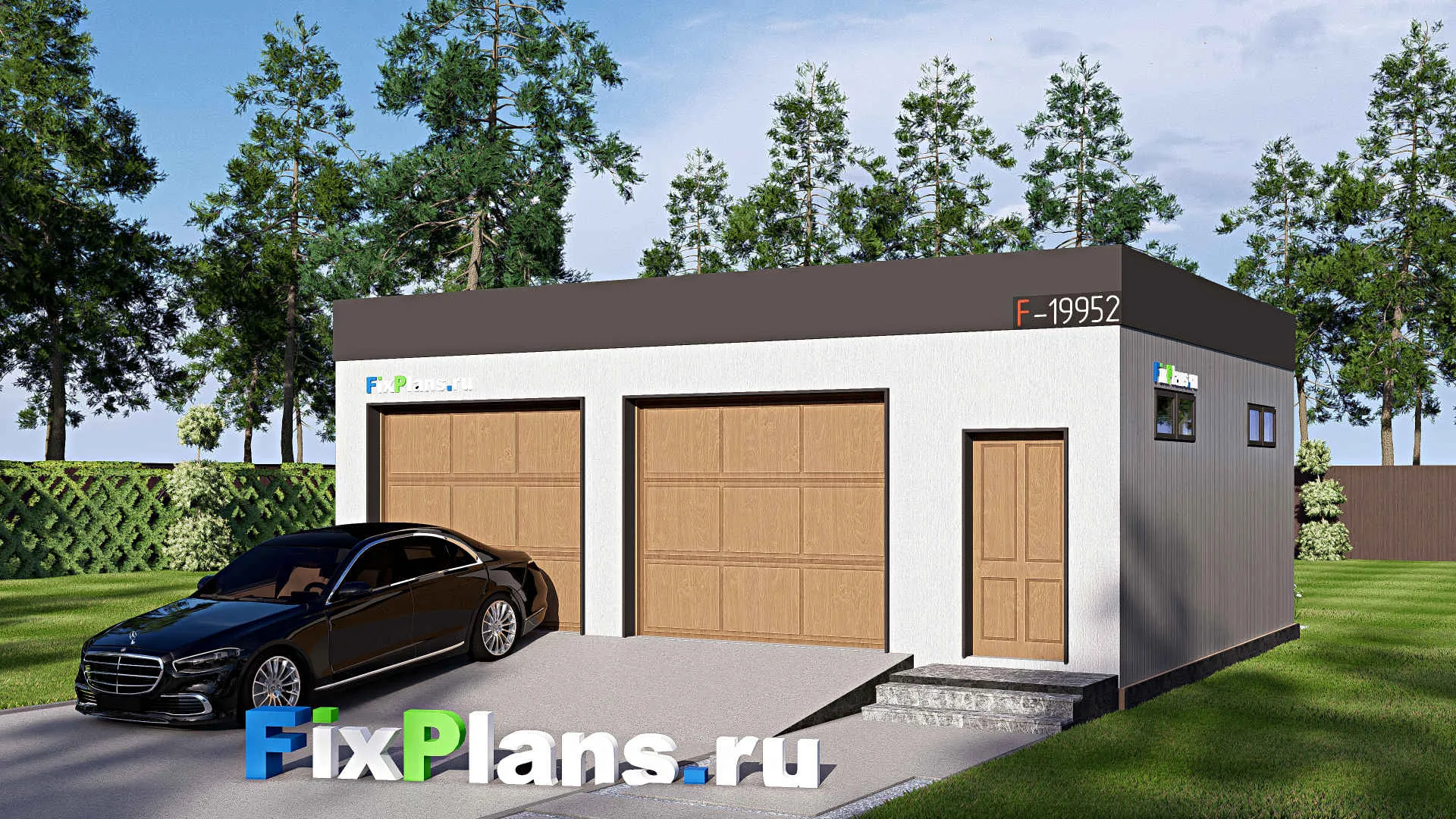 F-19952 - Проект гаража из газобетона 9 на 10, площадью 60 м² на 2 машиноместа