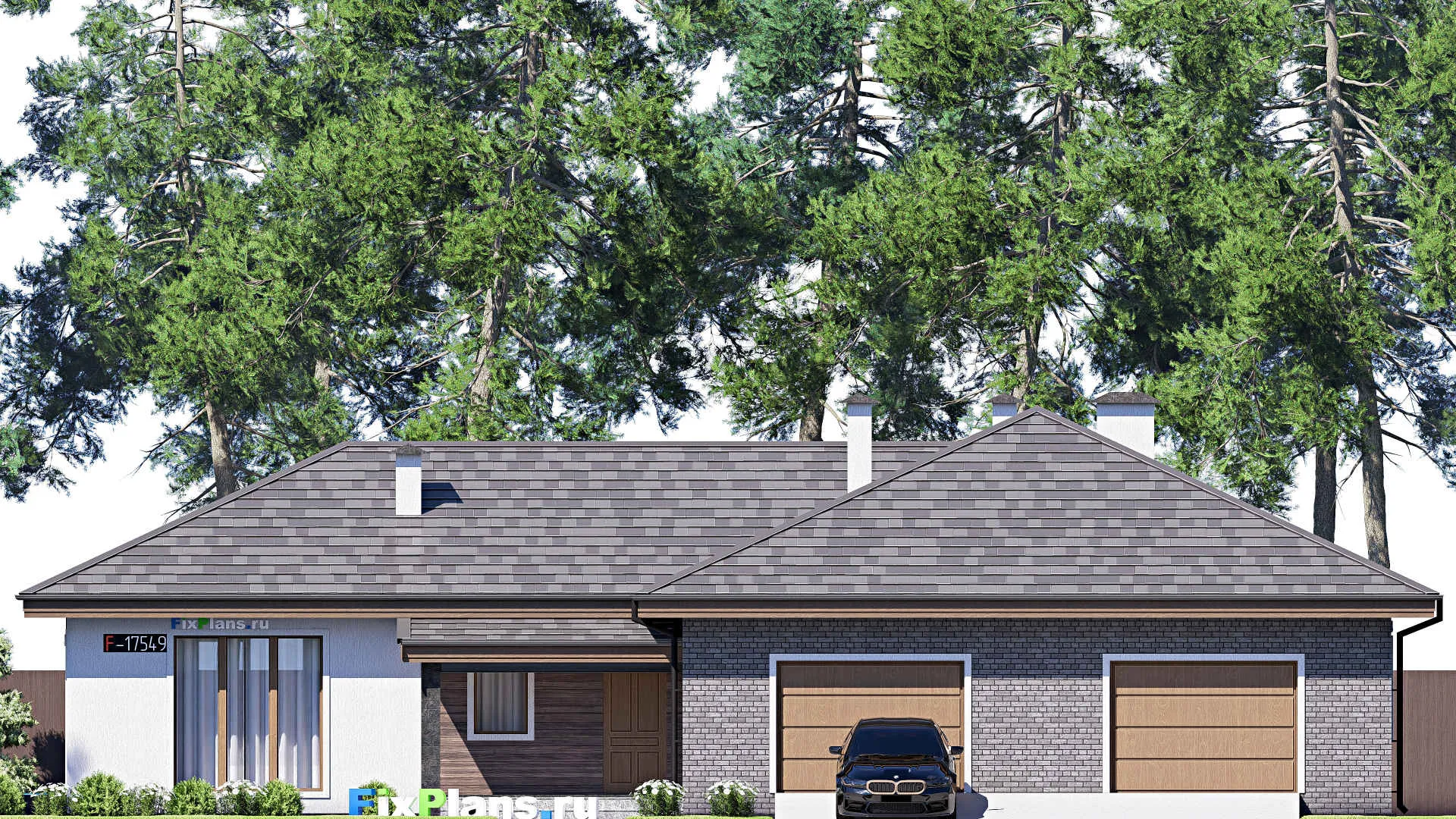 F-17549 - Проект одноэтажного дома 18 на 24, площадью 270 м² с террасой, баней, гаражом на 2 машины и 3 спальнями