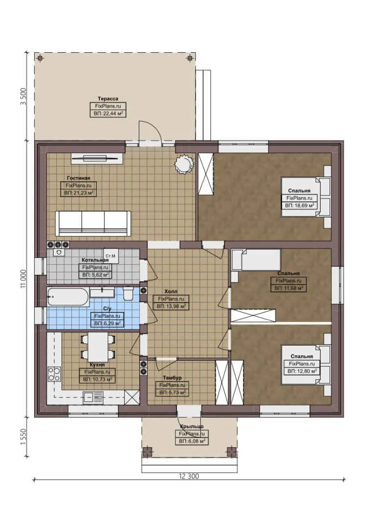 F-1349 - План одноэтажного дома 11 на 13, площадью 140 м² с террасой и 3 спальнями