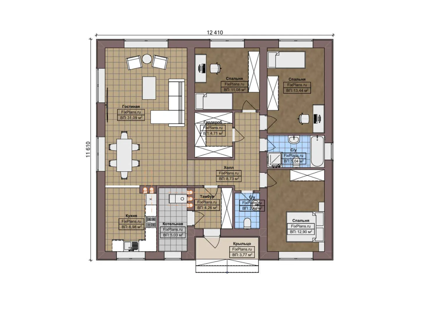 F-6596 - План одноэтажного дома 12 на 13, площадью 120 м² с 3 спальнями
