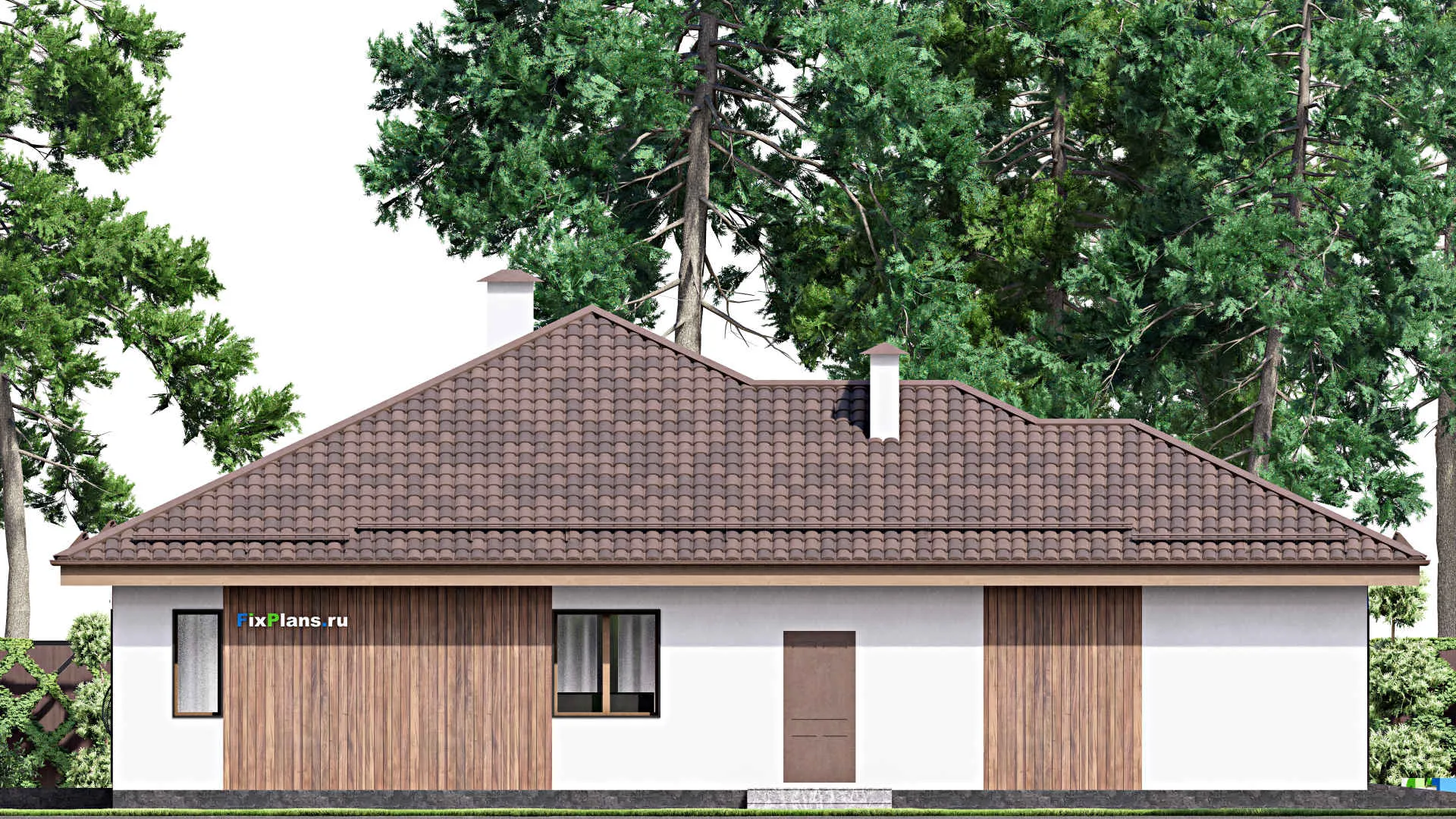 F-16964 - Проект одноэтажного дома 16 на 20, площадью 210 м² с террасой, гаражом на 1 машину и 3 спальнями