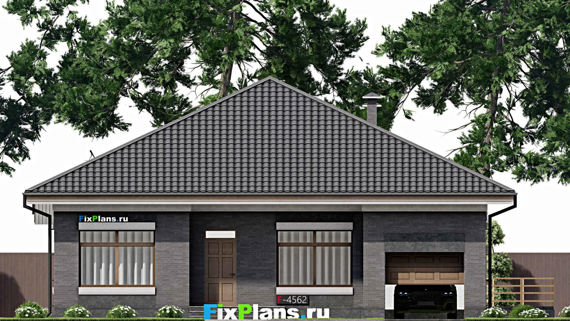 F-4562 - Проект одноэтажного дома 14 на 15, площадью 260 м² с террасой, баней, гаражом на 1 машину, бассейном и 3 спальнями