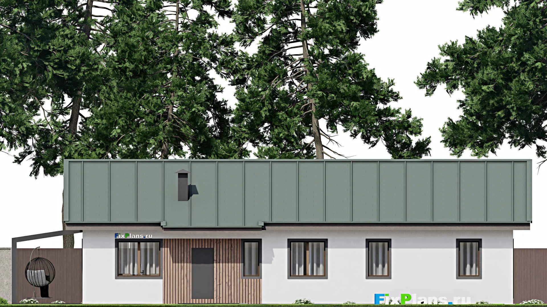 F-7055 - Проект одноэтажного дома 13 на 21, площадью 190 м² с террасой, баней и 3 спальнями