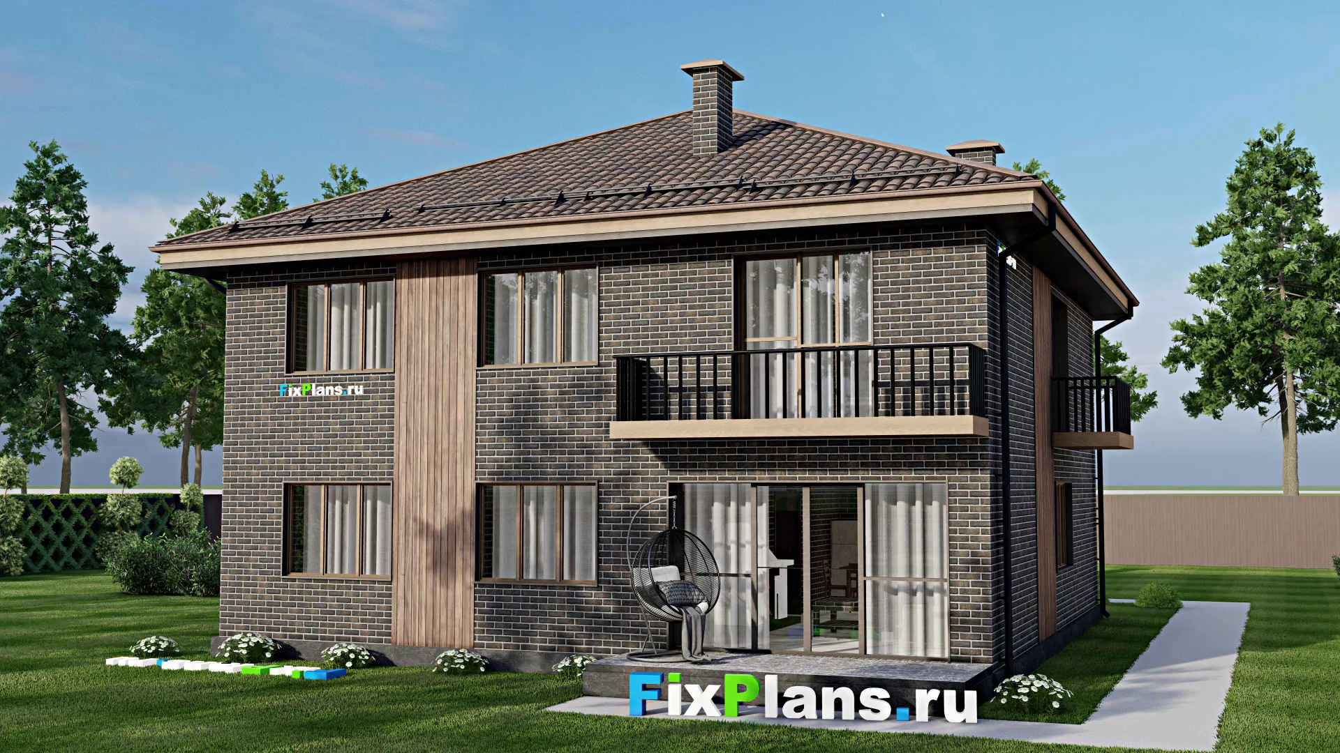 F-4967 - Проект двухэтажного дома 17 на 17, площадью 290 м² с террасой, балконом, гаражом на 2 машины и 7 спальнями