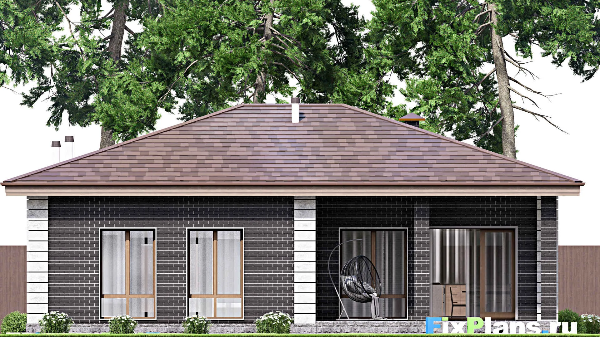 F-13985 - Проект одноэтажного дома 13 на 14, площадью 130 м² с террасой и 3 спальнями