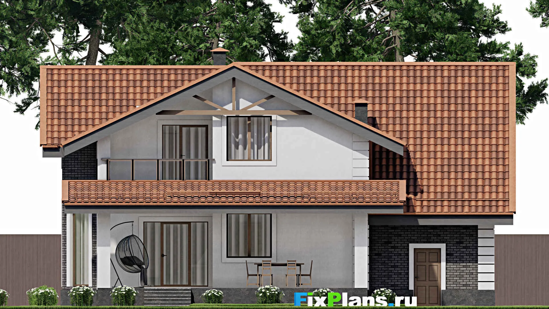 F-8783 - Проект дома с мансардой 14 на 16, площадью 250 м² с террасой, балконом, гаражом на 1 машину, спортзалом и 4 спальнями