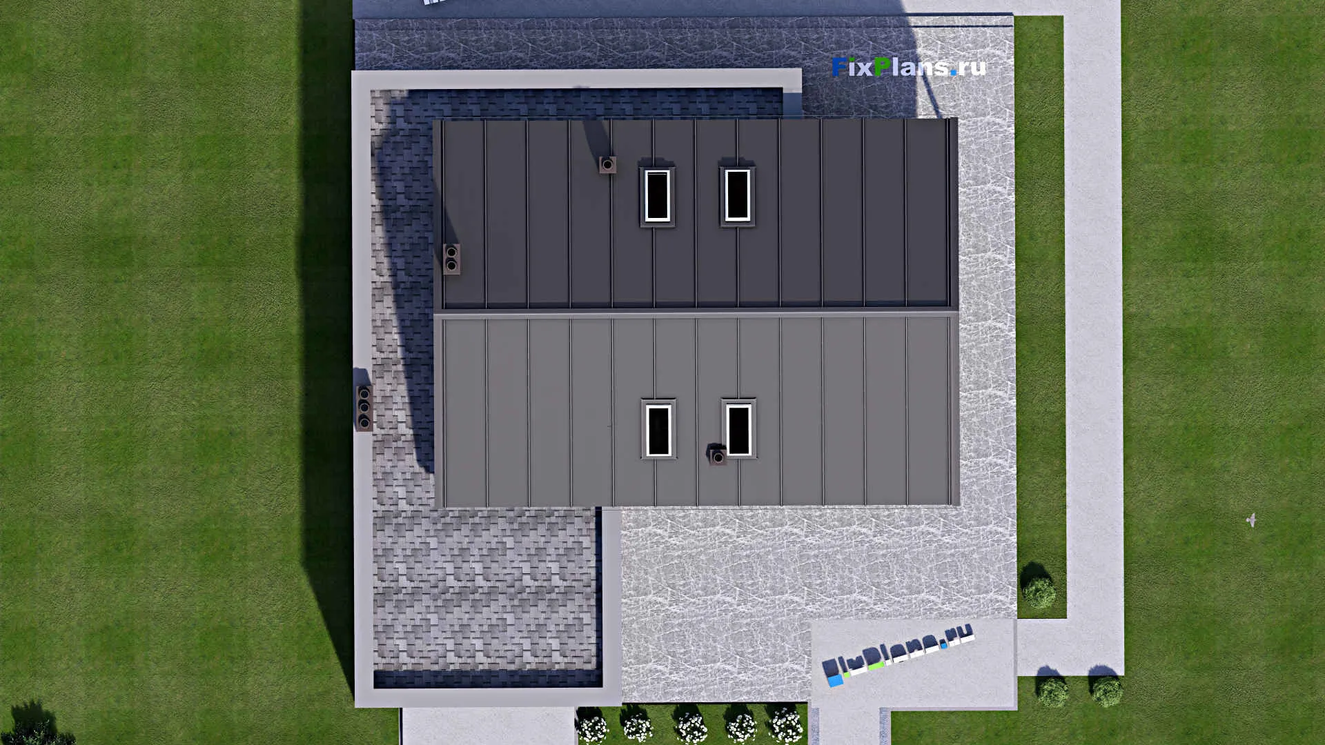 F-16118 - Проект дома с мансардой 18 на 18, площадью 360 м² с террасой, гаражом на 2 машины и 3 спальнями