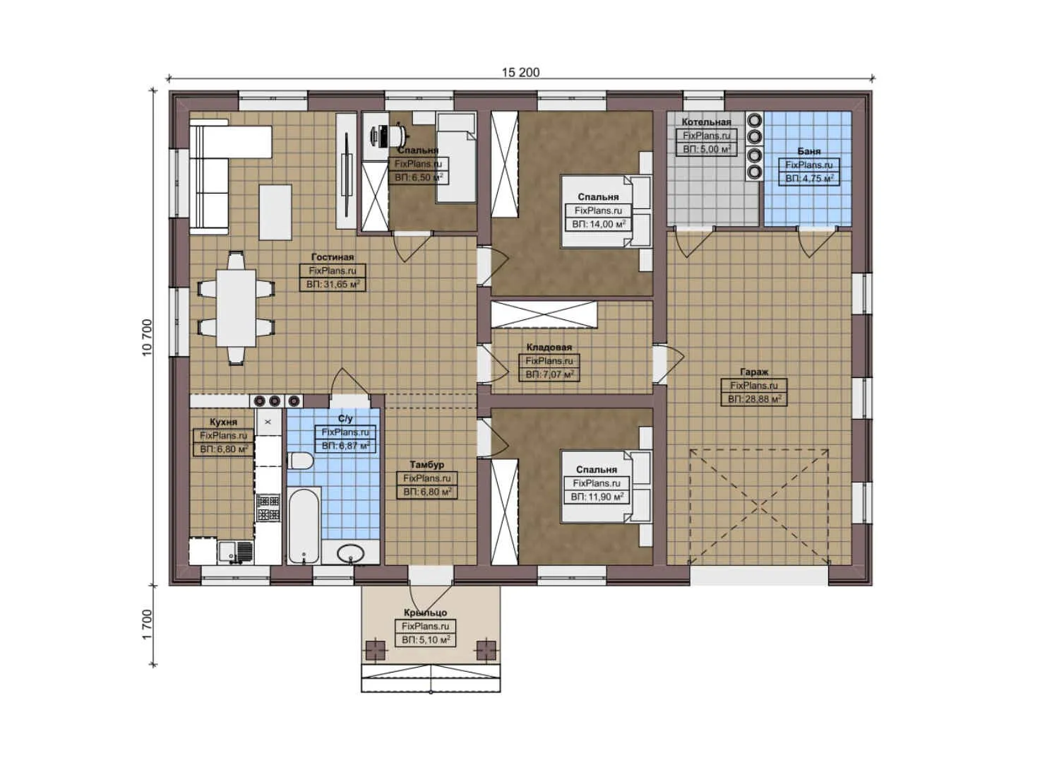 F-7928 - План одноэтажного дома 11 на 16, площадью 140 м² с баней, гаражом на 1 машину и 3 спальнями