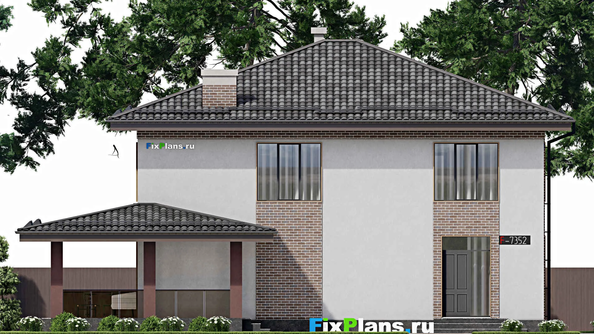 F-7352 - Проект двухэтажного дома 16 на 16, площадью 290 м² с террасой и 3 спальнями