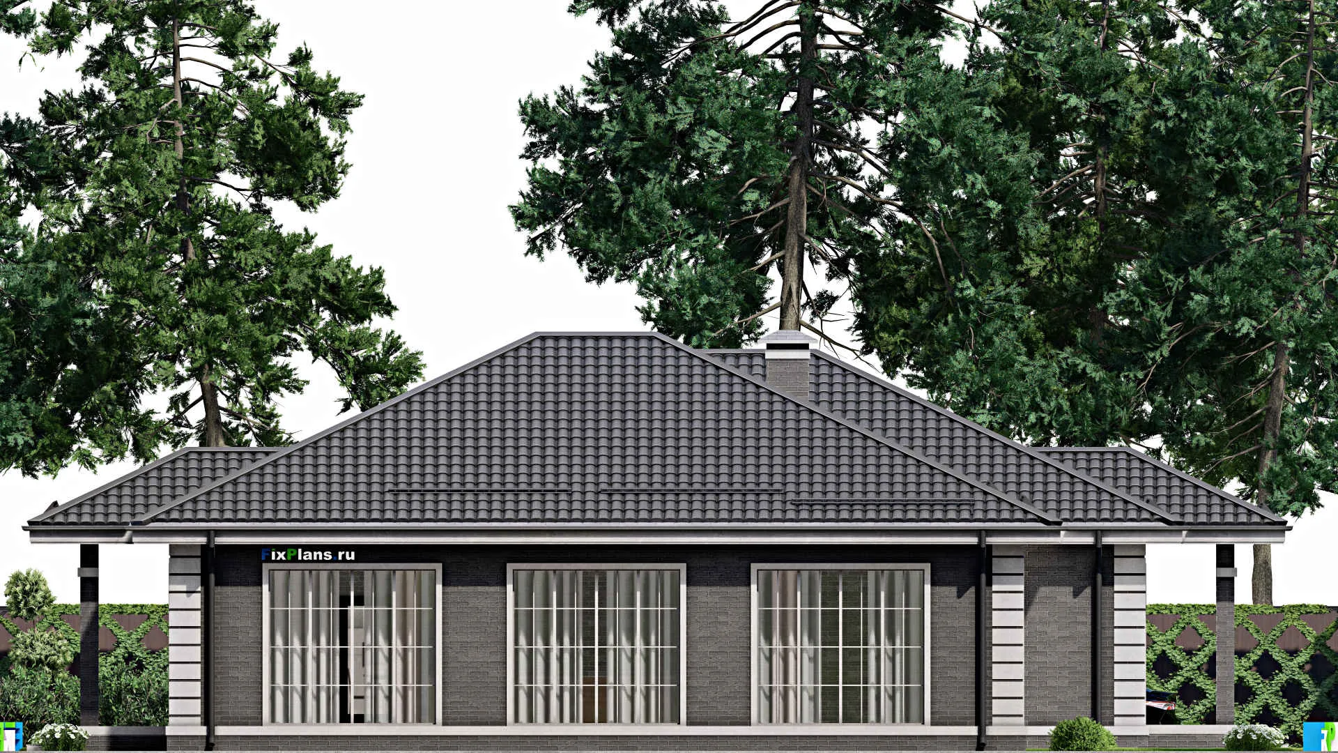 F-3689 - Проект одноэтажного дома 16 на 22, площадью 270 м² с террасой и 2 спальнями