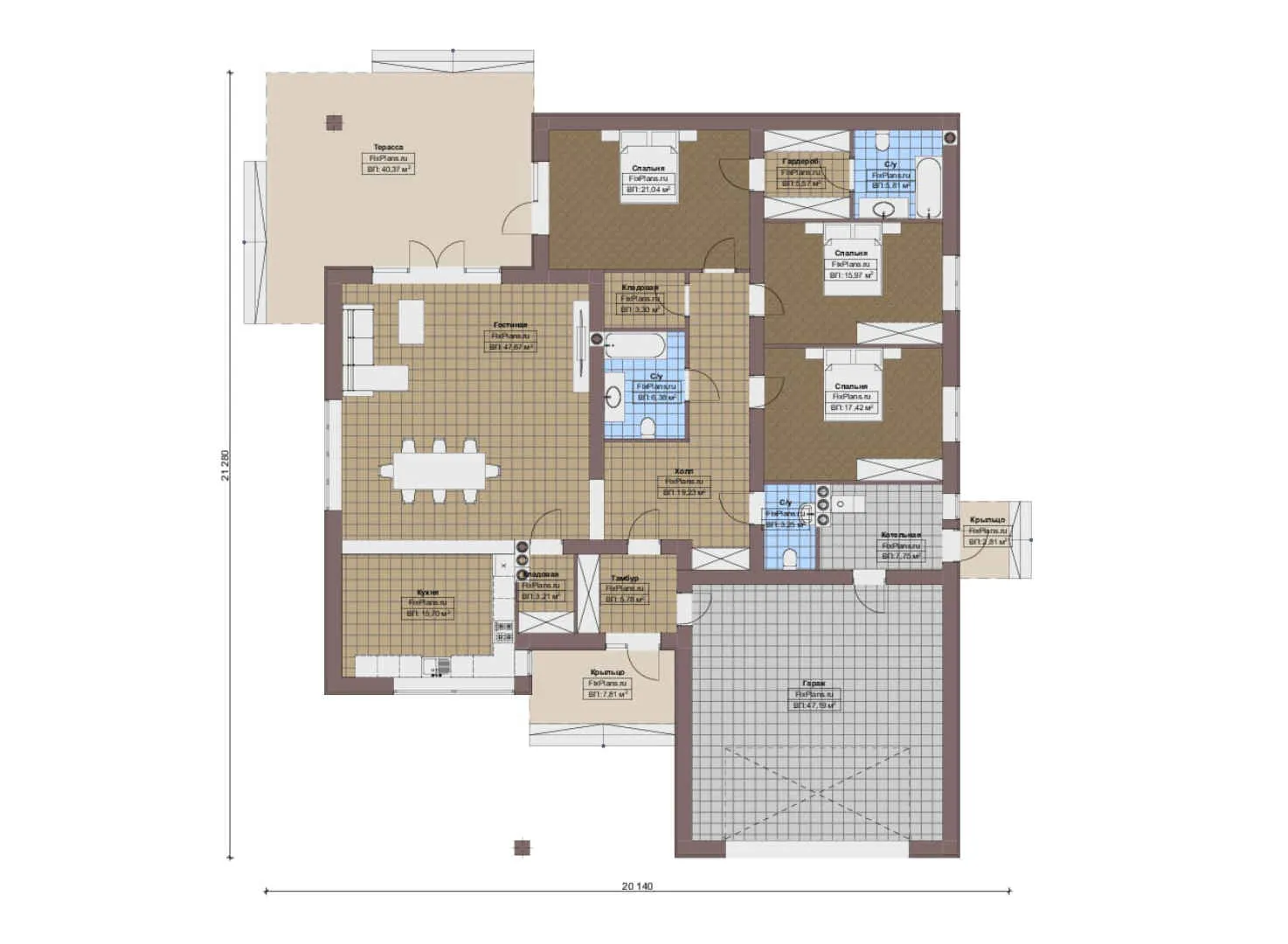 F-15983 - План одноэтажного дома 21 на 22, площадью 280 м² с террасой, гаражом на 2 машины и 3 спальнями