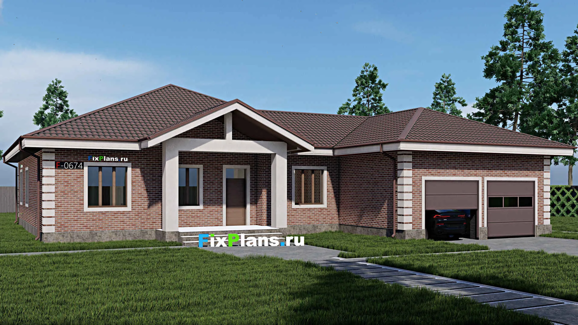 F-0674 - Проект одноэтажного дома 20 на 22, площадью 270 м² с террасой, гаражом на 2 машины и 4 спальнями