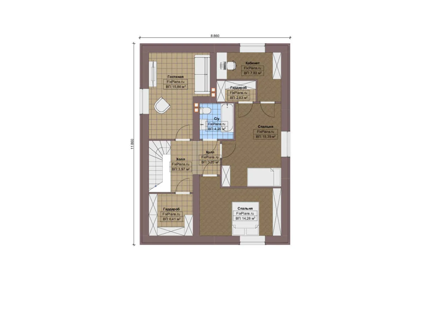 F-9323 - Планы дома с мансардой 9 на 16, площадью 170 м² с 2 спальнями