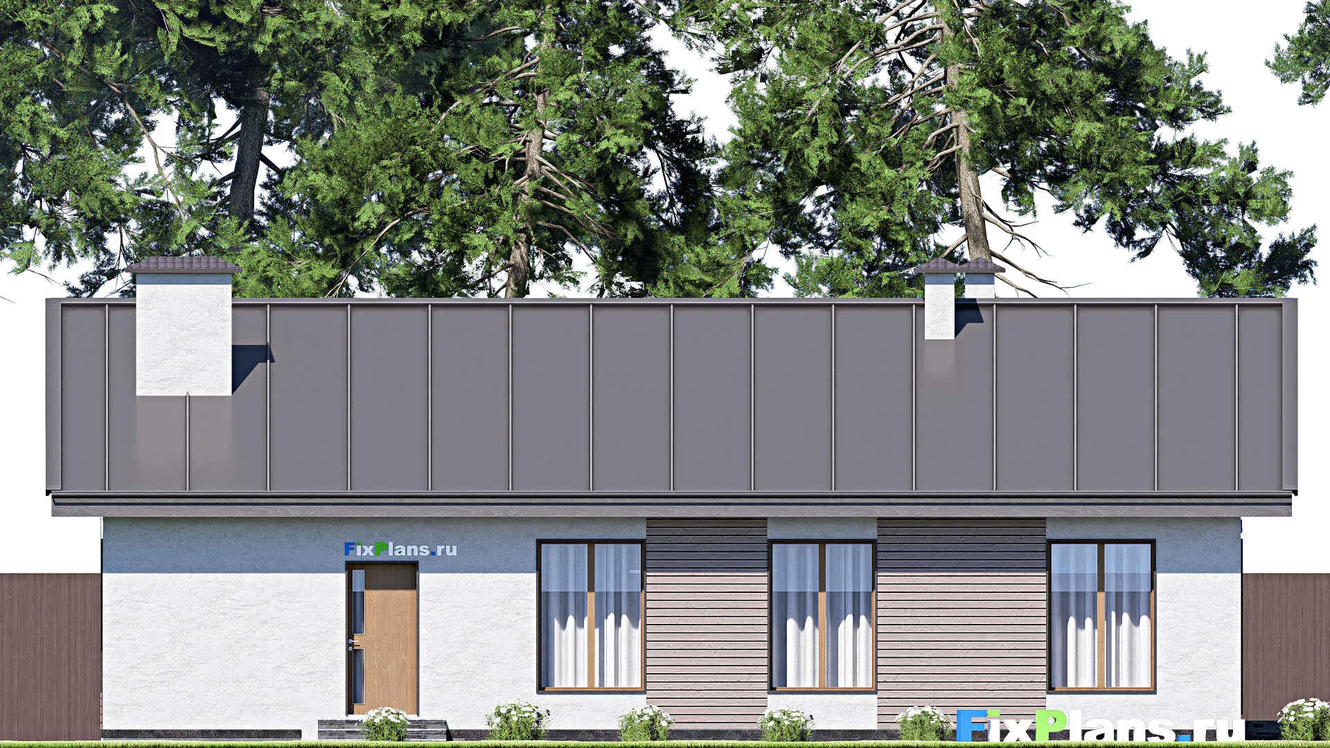 F-12743 - План одноэтажного дома 13 на 20, площадью 170 м² с террасой, гаражом на 1 машину и 3 спальнями