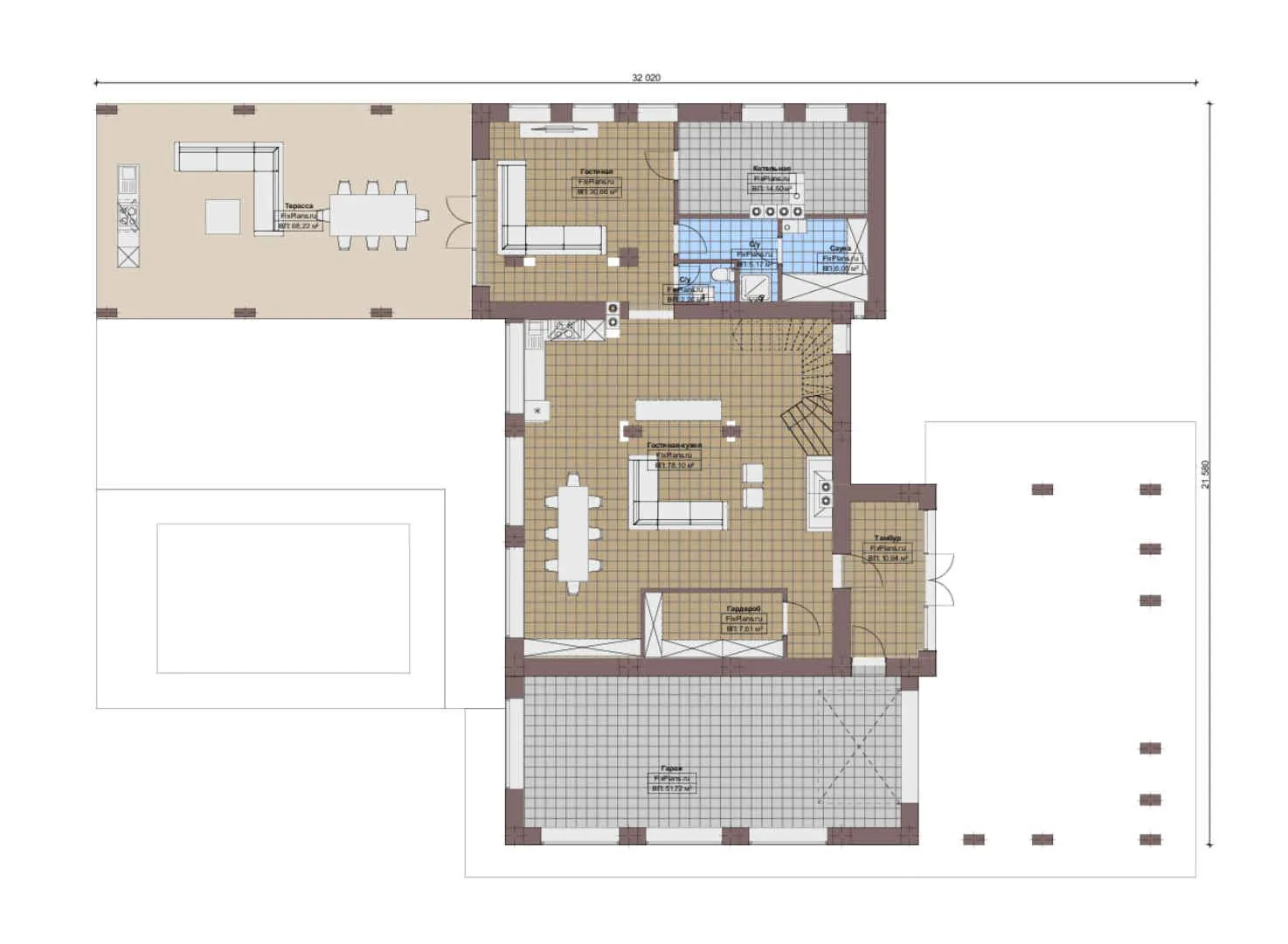 F-5327 - Планы двухэтажного дома 22 на 33, площадью 360 м² с террасой, баней, гаражом на 2 машины и 3 спальнями