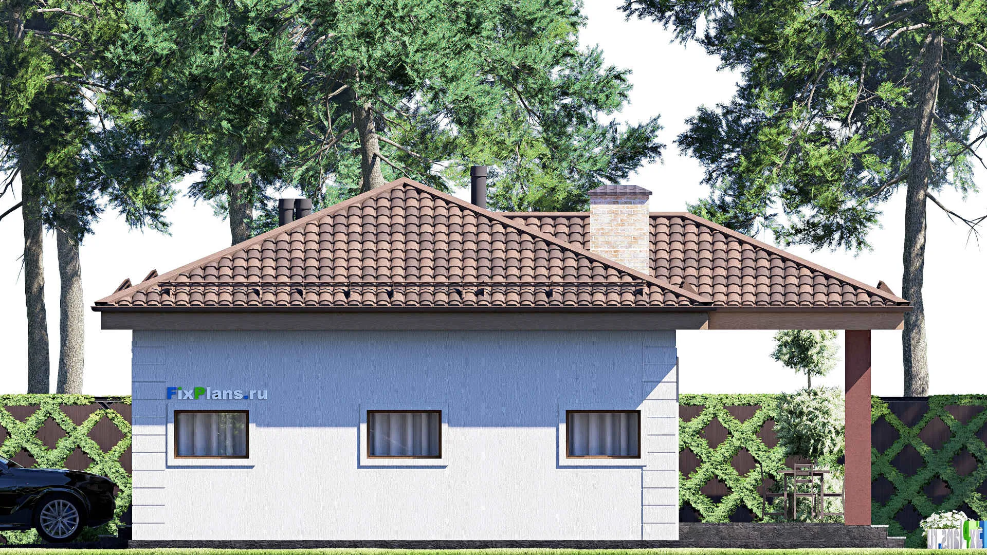 F-19979 - Проект одноэтажного дома 12 на 19, площадью 150 м² с террасой, гаражом на 2 машины и 2 спальнями