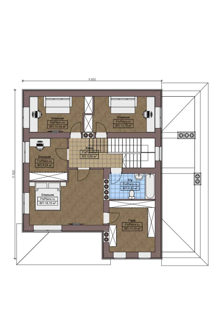 F-0530 - Планы двухэтажного дома 12 на 13, площадью 220 м² с террасой, гаражом на 1 машину и 4 спальнями